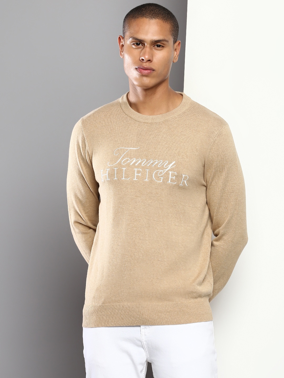 

Tommy Hilfiger Men Brand Logo Embroidered Pure Cotton Pullover, Beige