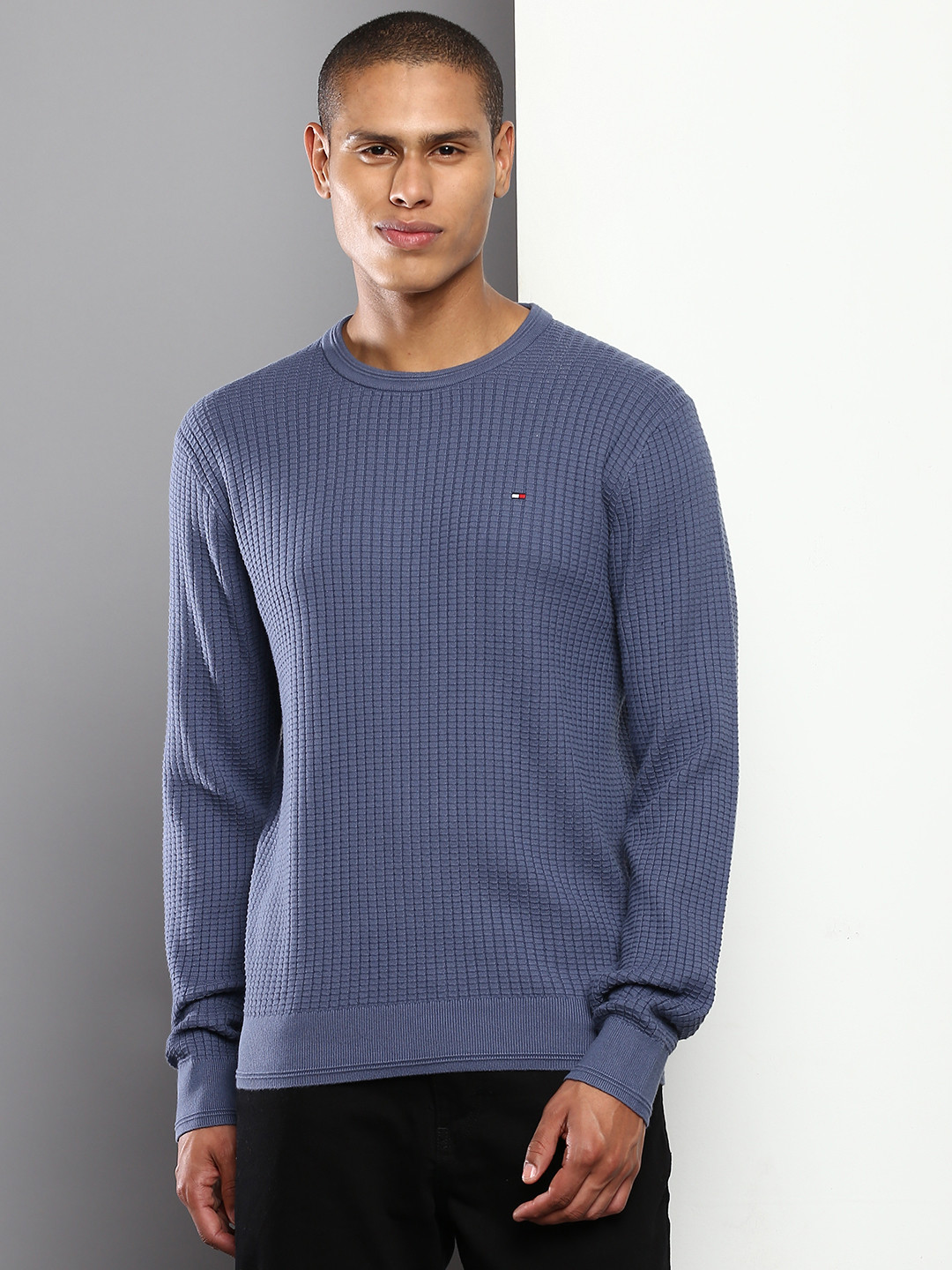 

Tommy Hilfiger Men Checked Pure Cotton Pullover, Blue