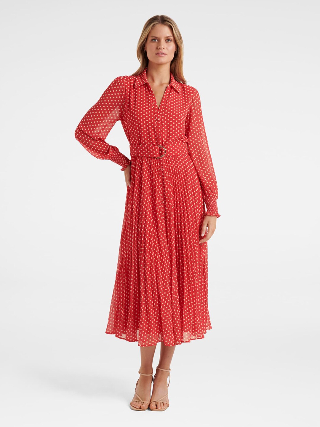 

Forever New Red & White Shirt Midi Dress