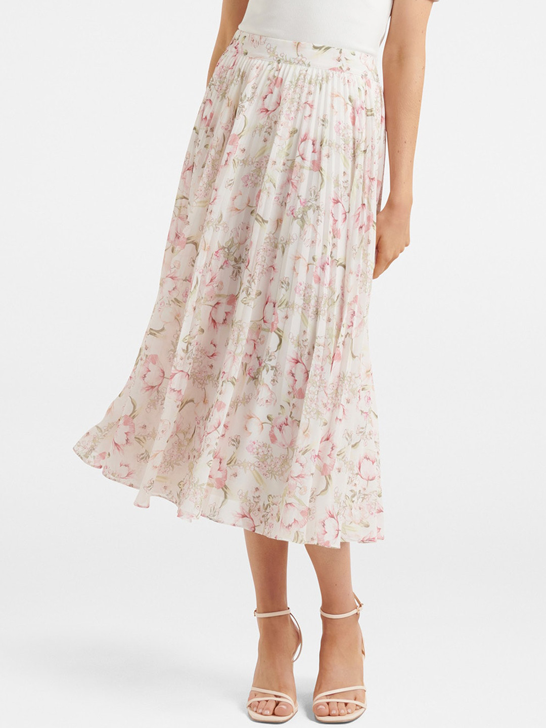 

Forever New Women White & Pink Printed Flared Midi Skirt