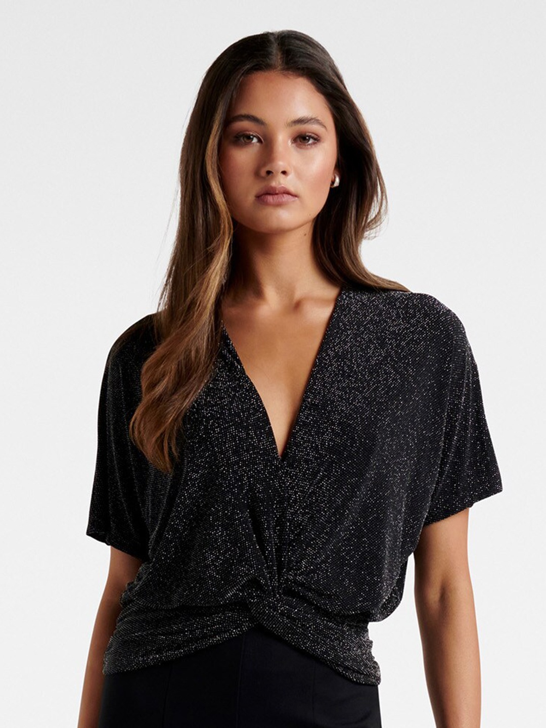 

Forever New Black V-Neck Glitter Top