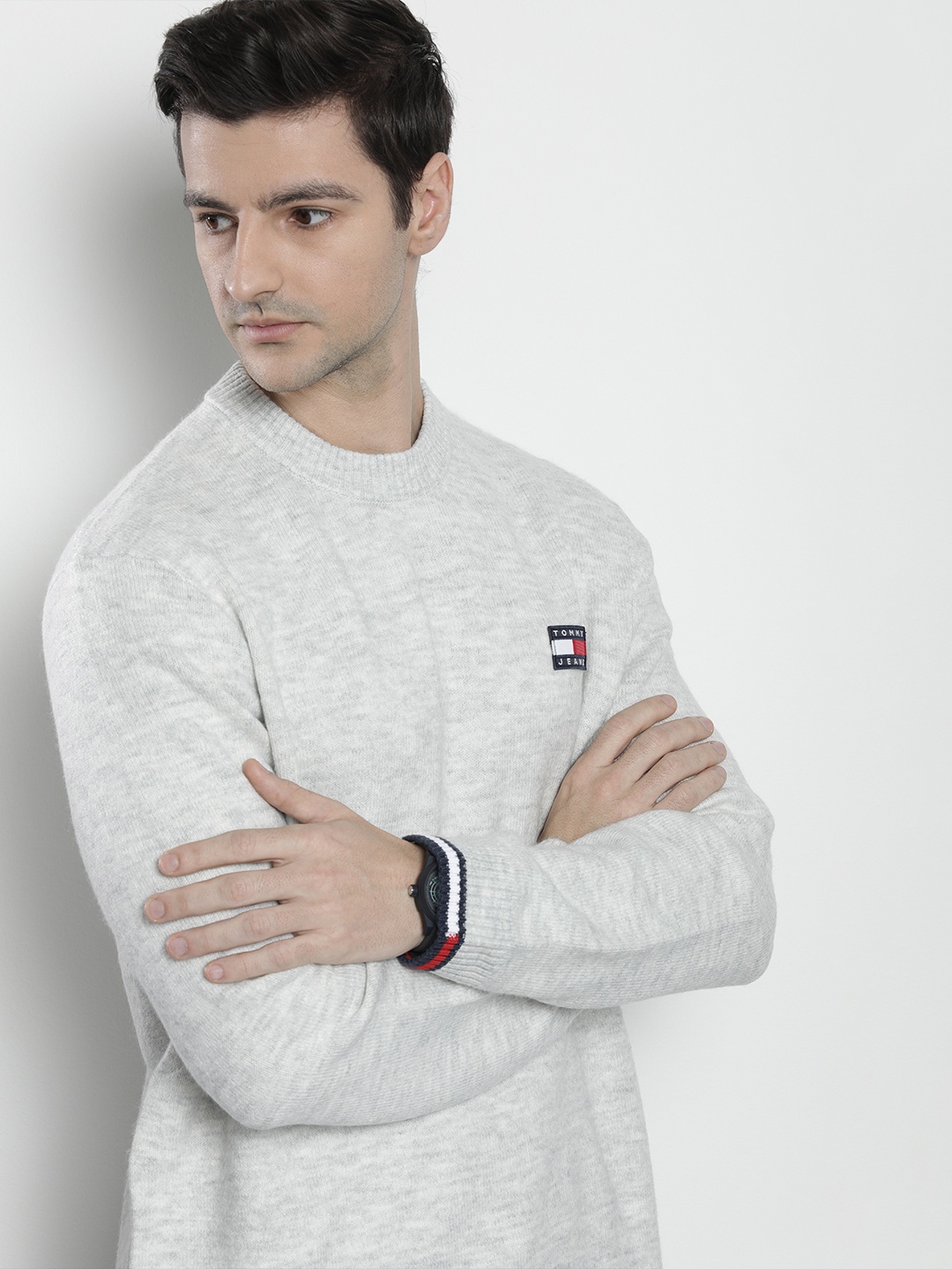 

Tommy Hilfiger Men Grey Speckled Pullover with Embroidered Detail