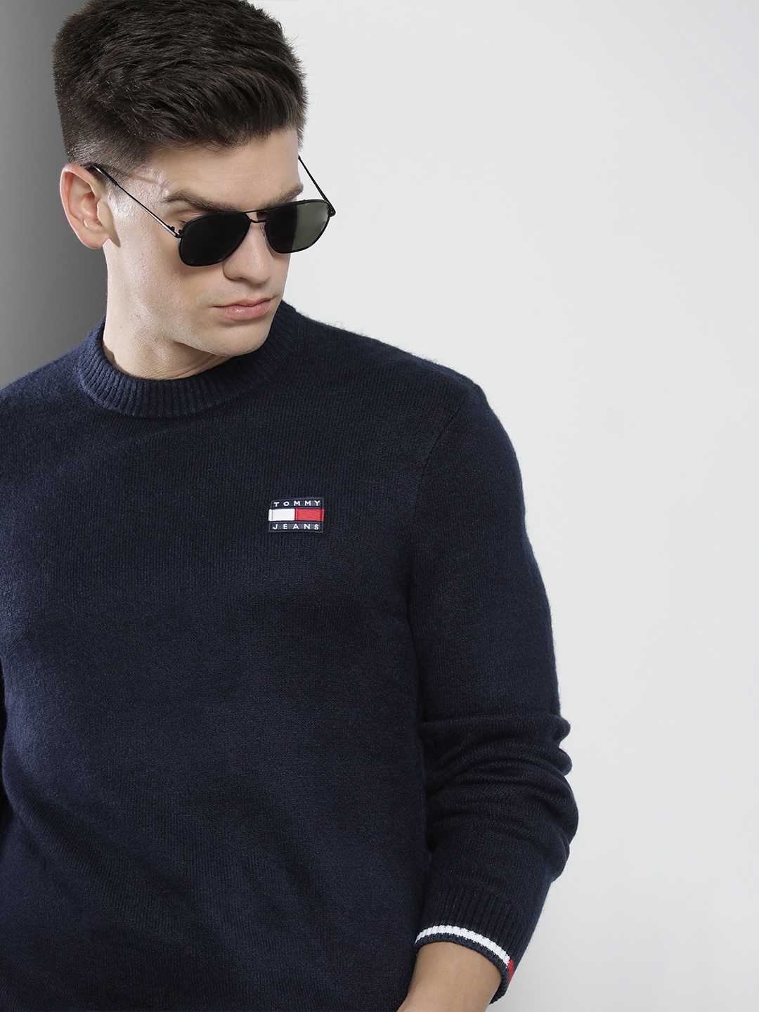 

Tommy Hilfiger Men Navy Blue Solid Brand Logo Applique Casual Sweater