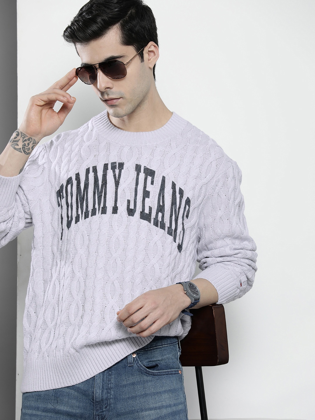 

Tommy Hilfiger Men Lavender Cable Knit Pullover Sweater
