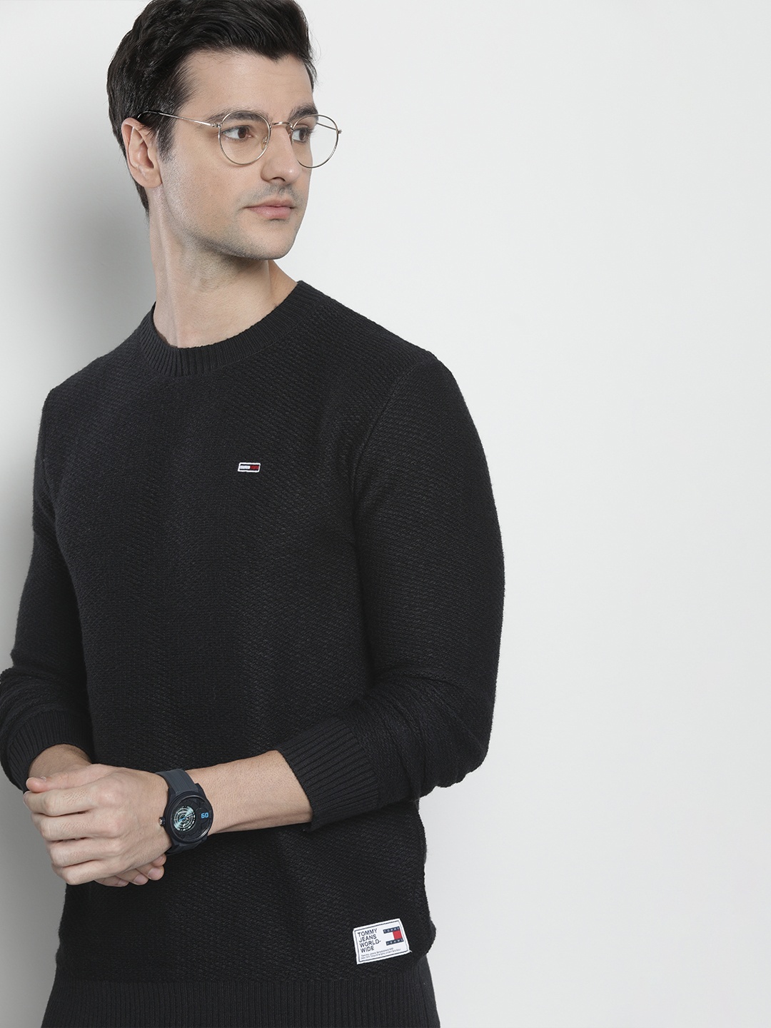

Tommy Hilfiger Men Black Solid Pullover with Embroidered Detail