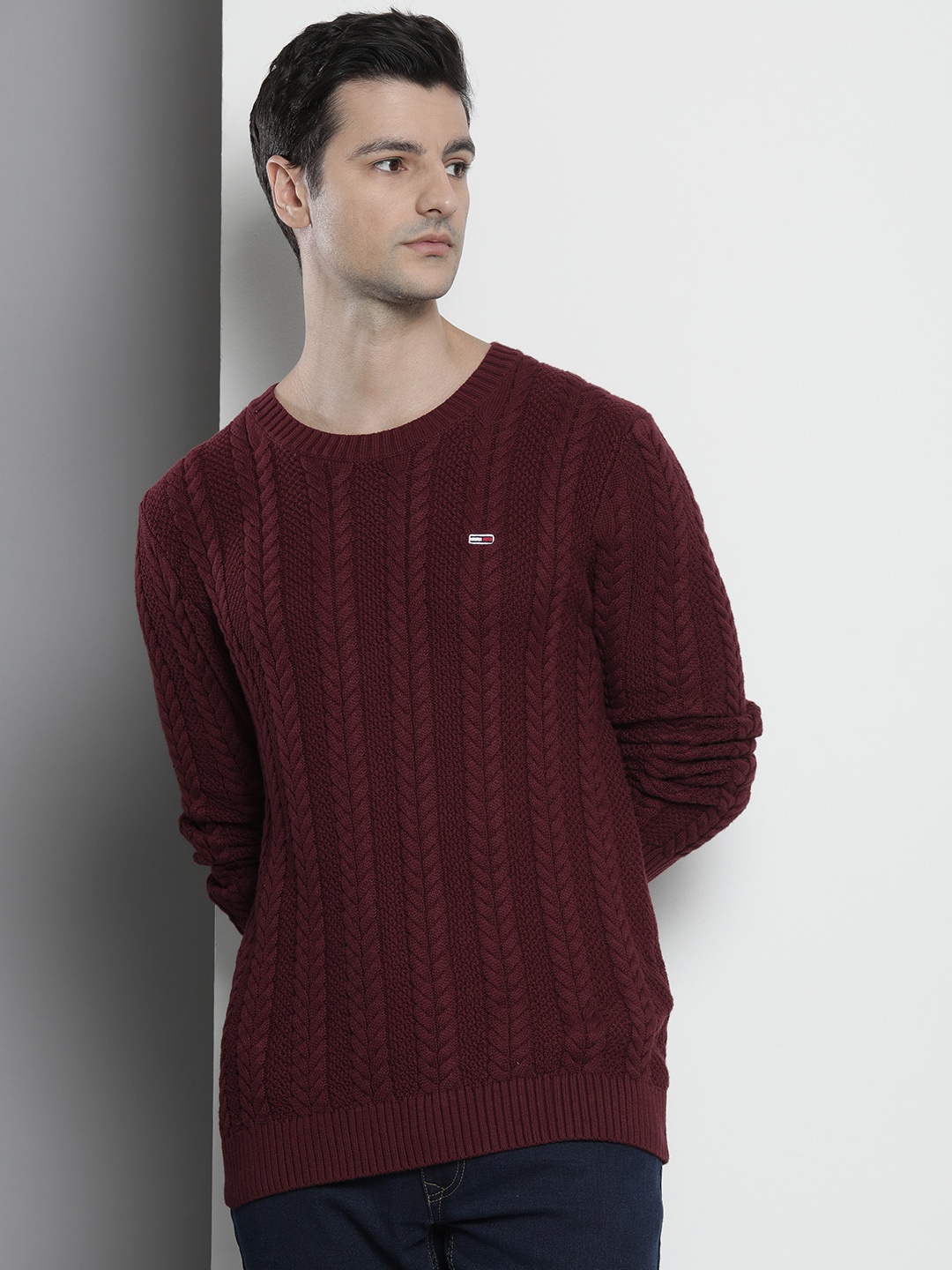 

Tommy Hilfiger Men Maroon Cable Knit Organic Cotton Pullover with Embroidered Detail