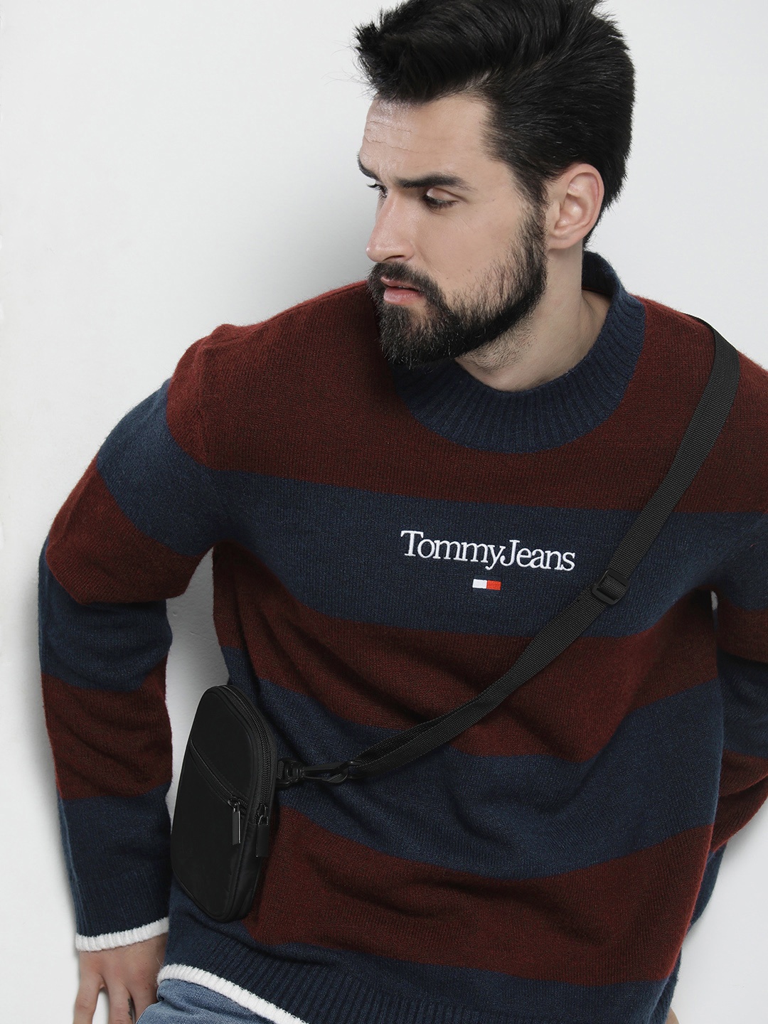 

Tommy Hilfiger Men Maroon & Navy Blue RLXD SERIF Striped Pure Cotton Pullover