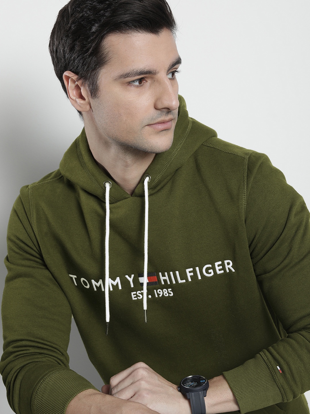 

Tommy Hilfiger Men Olive Green Brand Logo Embroidered Hooded Sweatshirt
