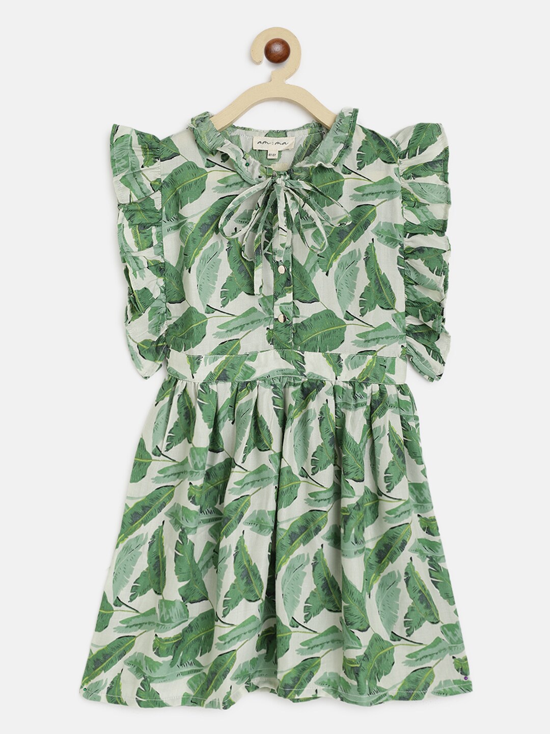 

am ma Girls Green Tropical Satin Fit & Flare Dress