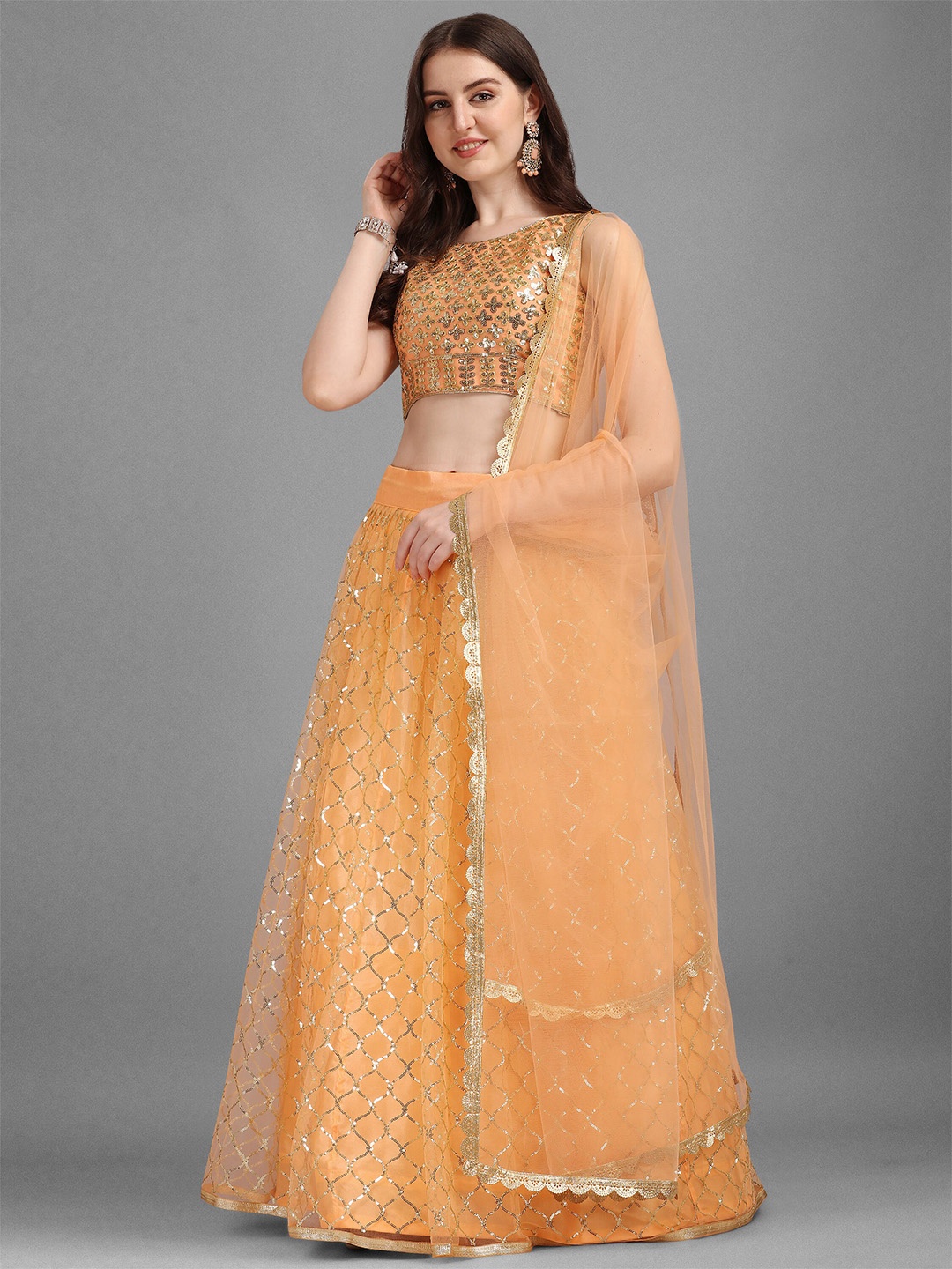 

FORKEY Women Peach & Gold-Toned Sequinned Semi-Stitched Lehenga & Unstitched Blouse