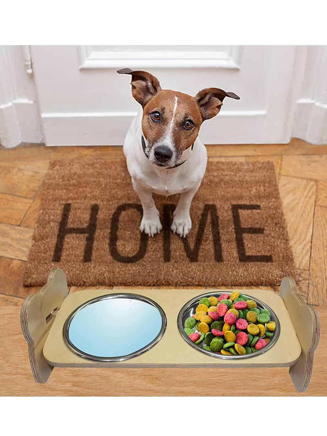 

Emily pets Steel-Toned & Brown Adjustable Double Steel Feeder Bowls with Wood Stand