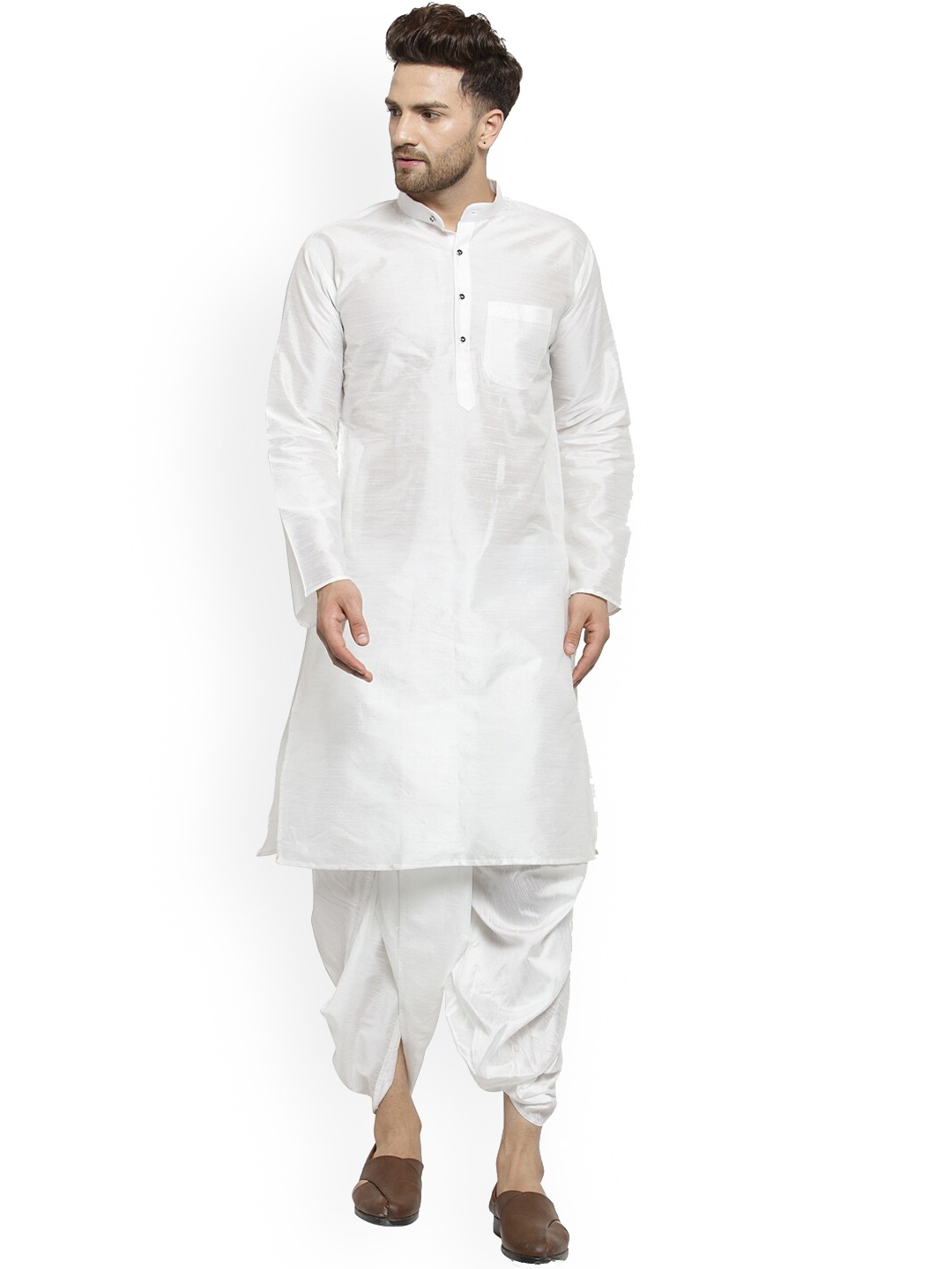 

Benstoke Men White Dupion Silk Kurta with Dhoti Pants set