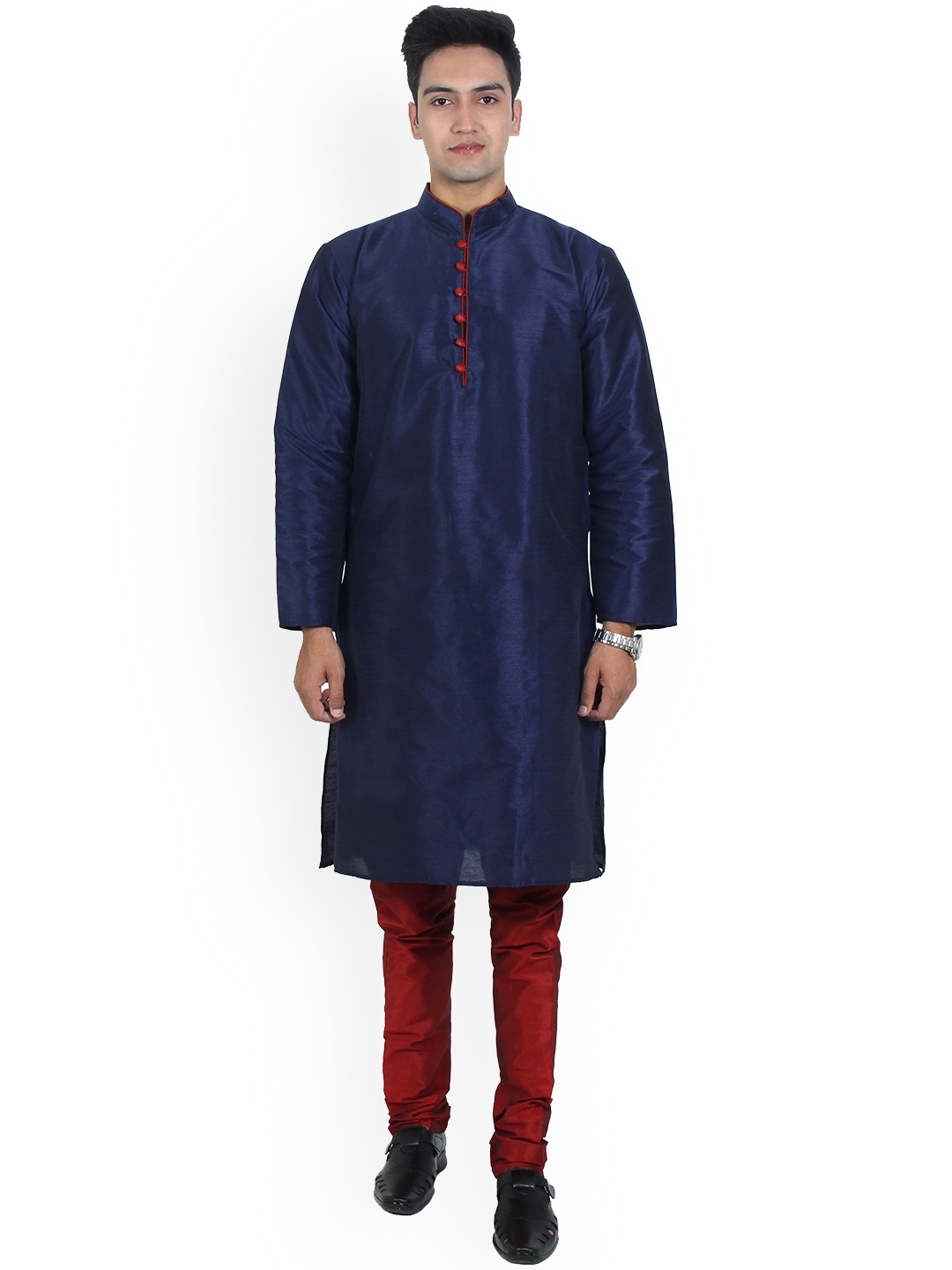 

Benstoke Men Navy Blue Dupion Silk Kurta with Churidar