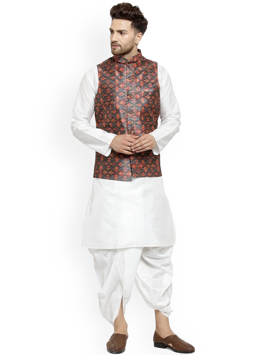 

Benstoke Men White Ethnic Motifs Dupion Silk Kurta with Dhoti Pants