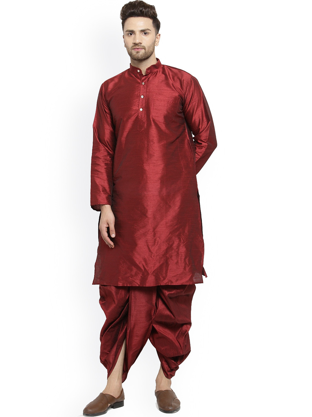 

Benstoke Men Maroon Dupion Silk Kurta with Dhoti Pants