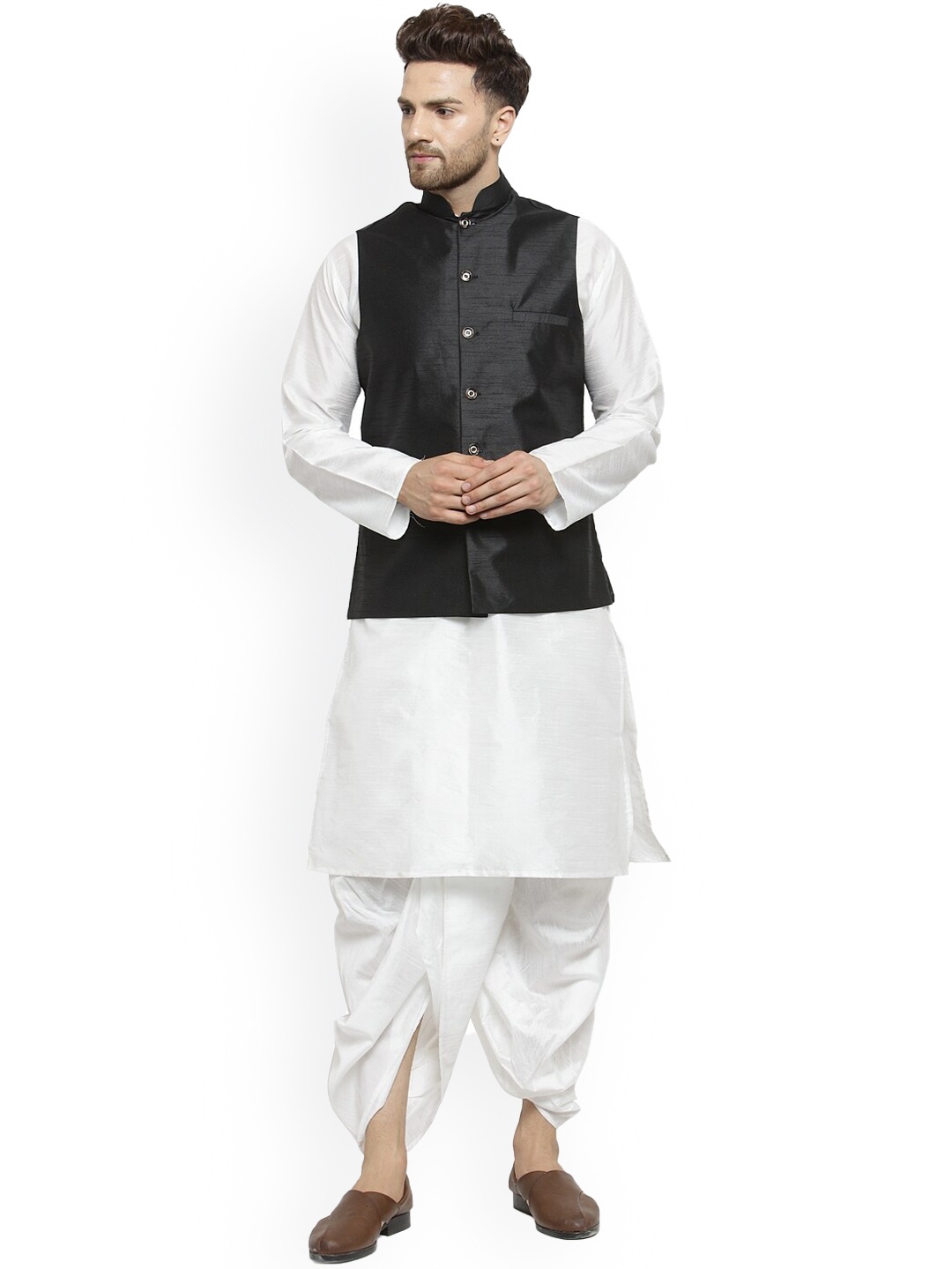 

Benstoke Men White Layered Dupion Silk Kurta with Dhoti Pants