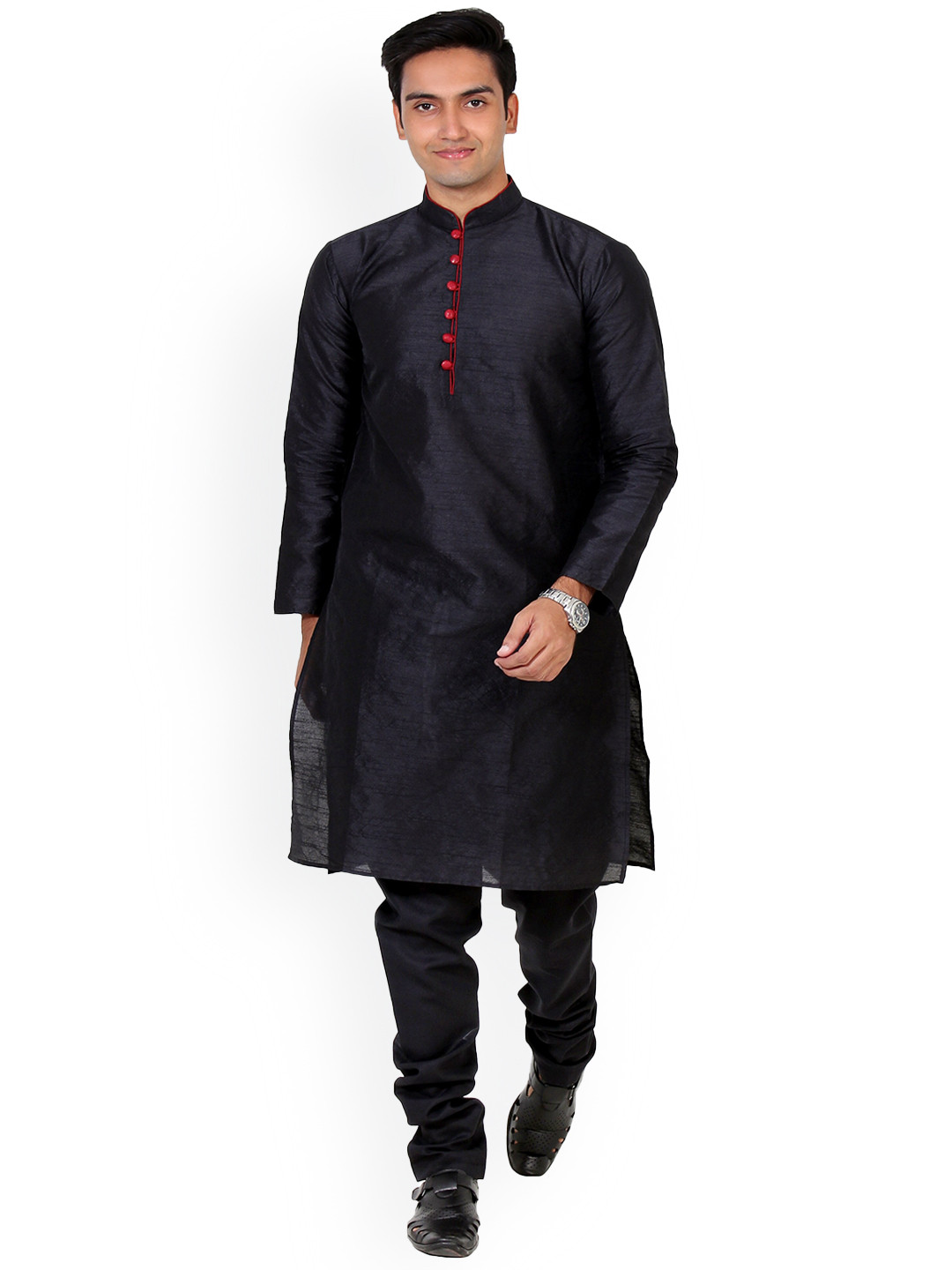 

Benstoke Men Black Dupion Silk Kurta with churidar