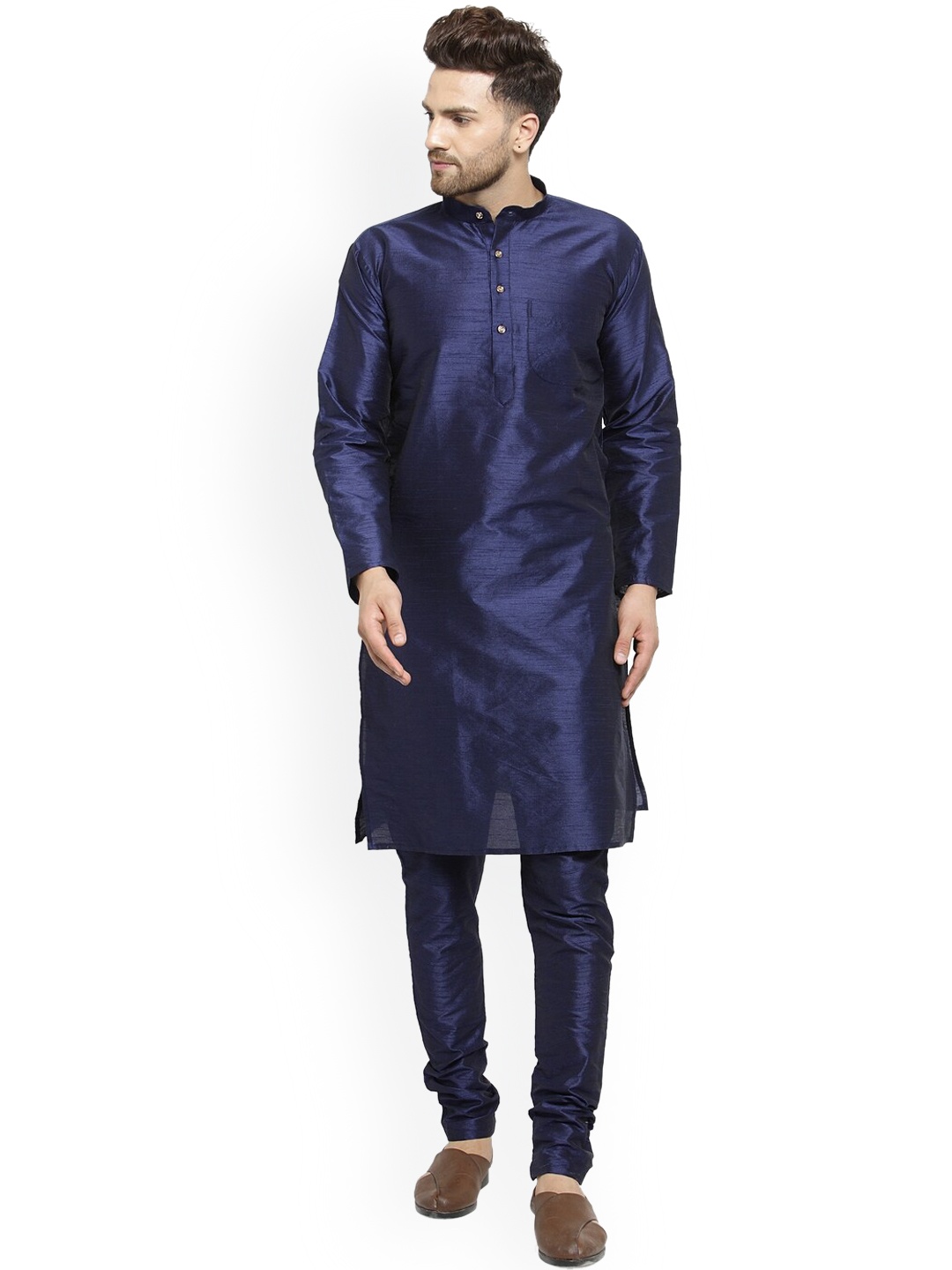 

Benstoke Men Navy Blue Dupion Silk Kurta with Churidar