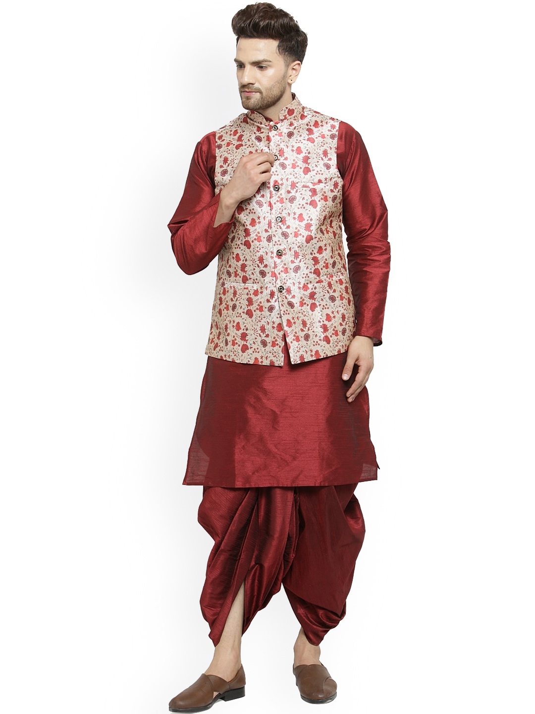 

Benstoke Men Maroon Floral Dupion Silk Kurta with Dhoti Pants & Nehru Jacket