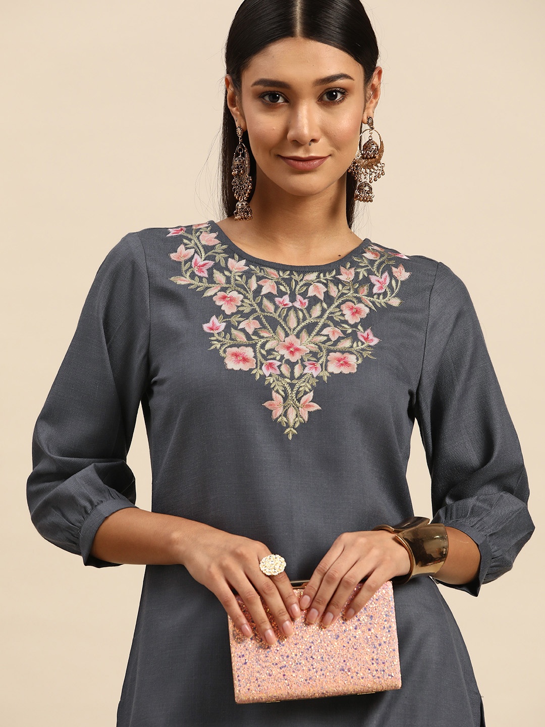 

Sangria Women Grey Floral Yoke Design Floral Kurta