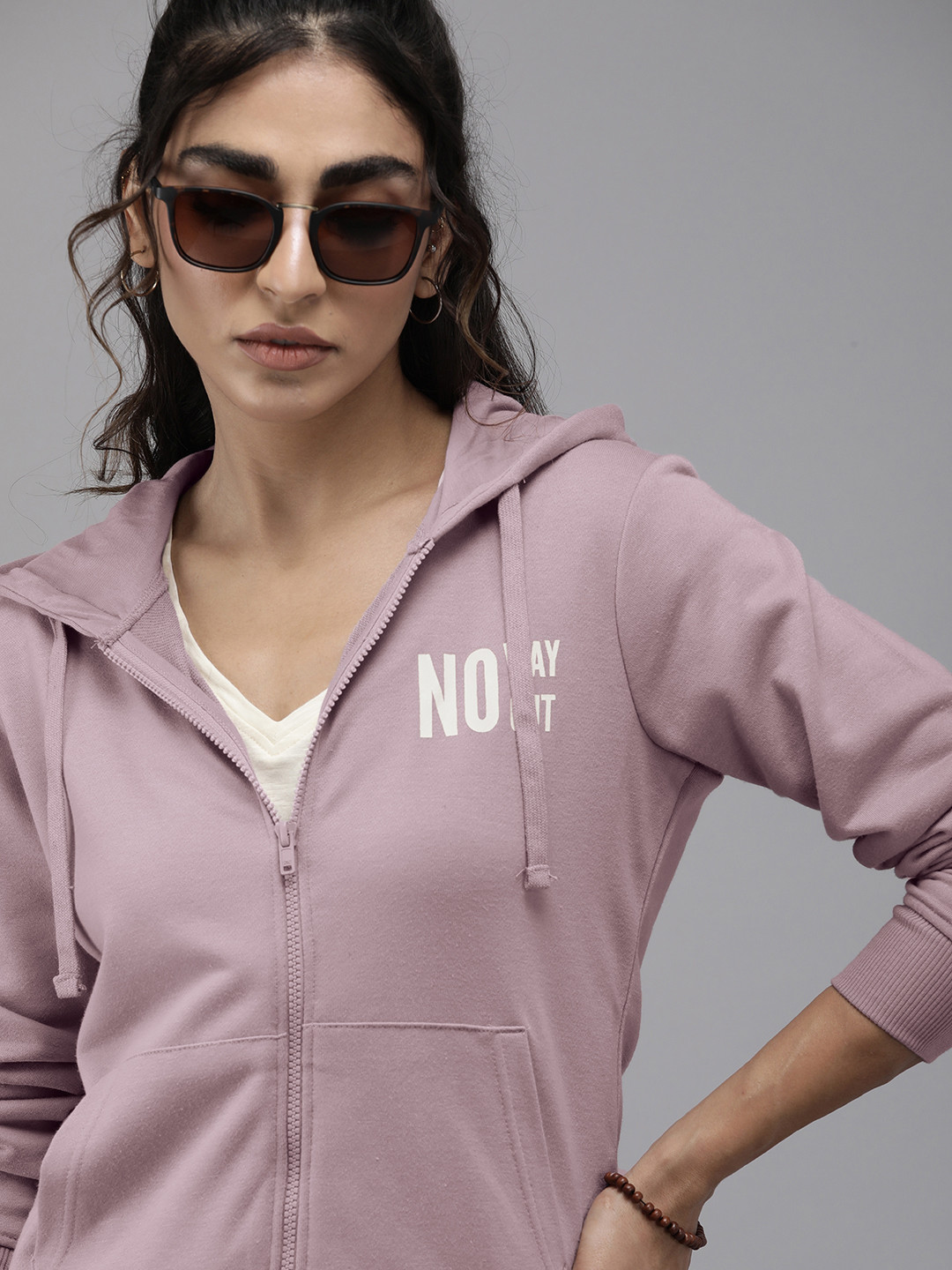 

The Roadster Lifestyle Co. Women Typography Printed Front-Open Hooded Sweatshirt, Lavender