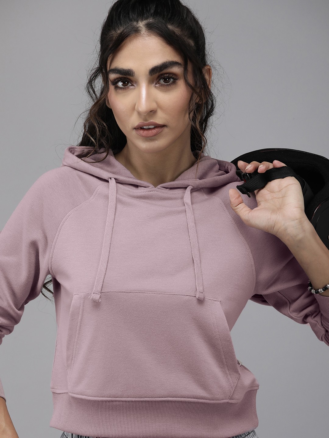 

The Roadster Lifestyle Co. Women Solid Hooded Crop Sweatshirt, Lavender