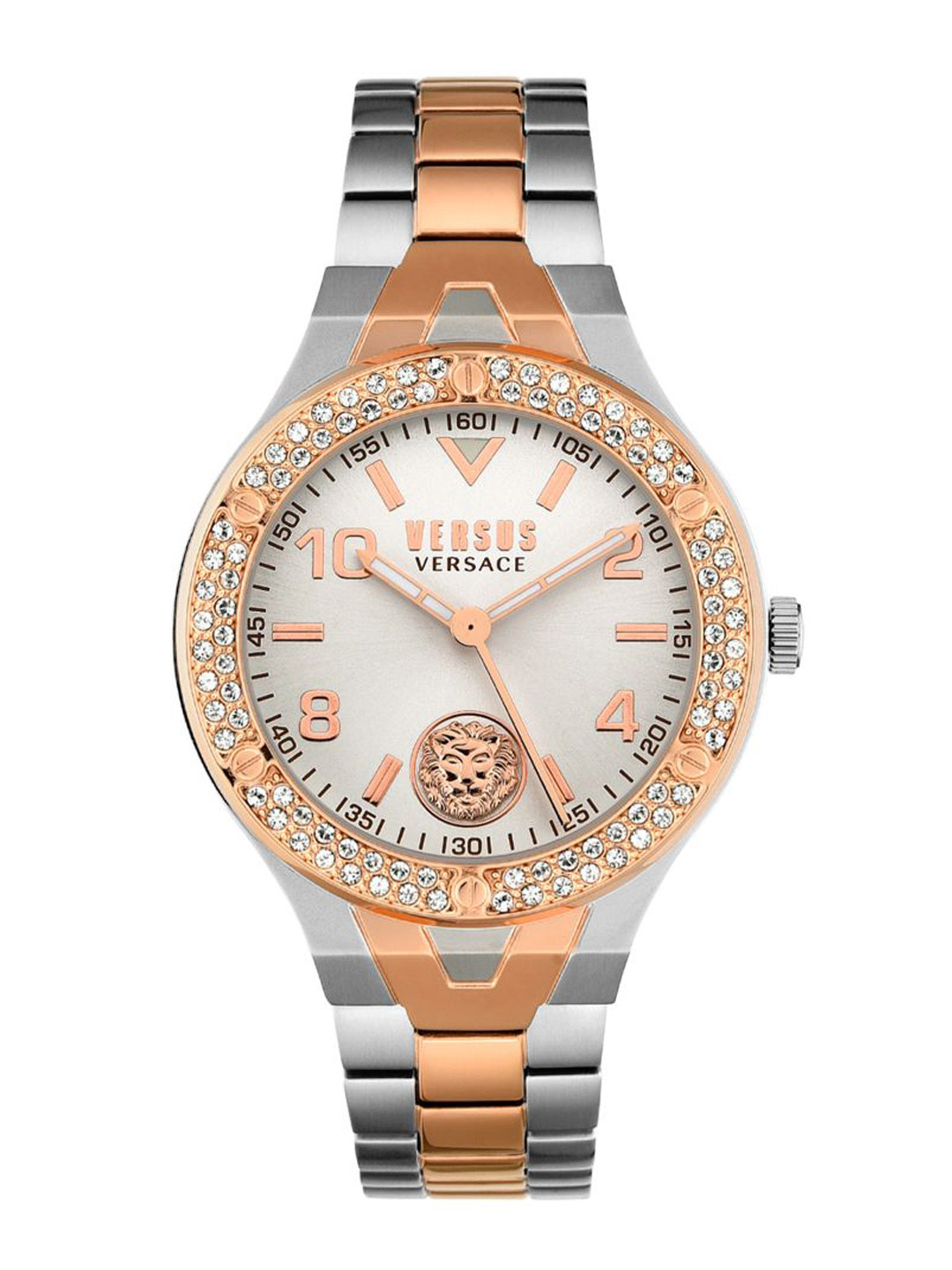 

Versus Women Silver-Toned Brass Embellished Dial & Rose Gold Toned Stainless Steel Bracelet Style Straps Watch