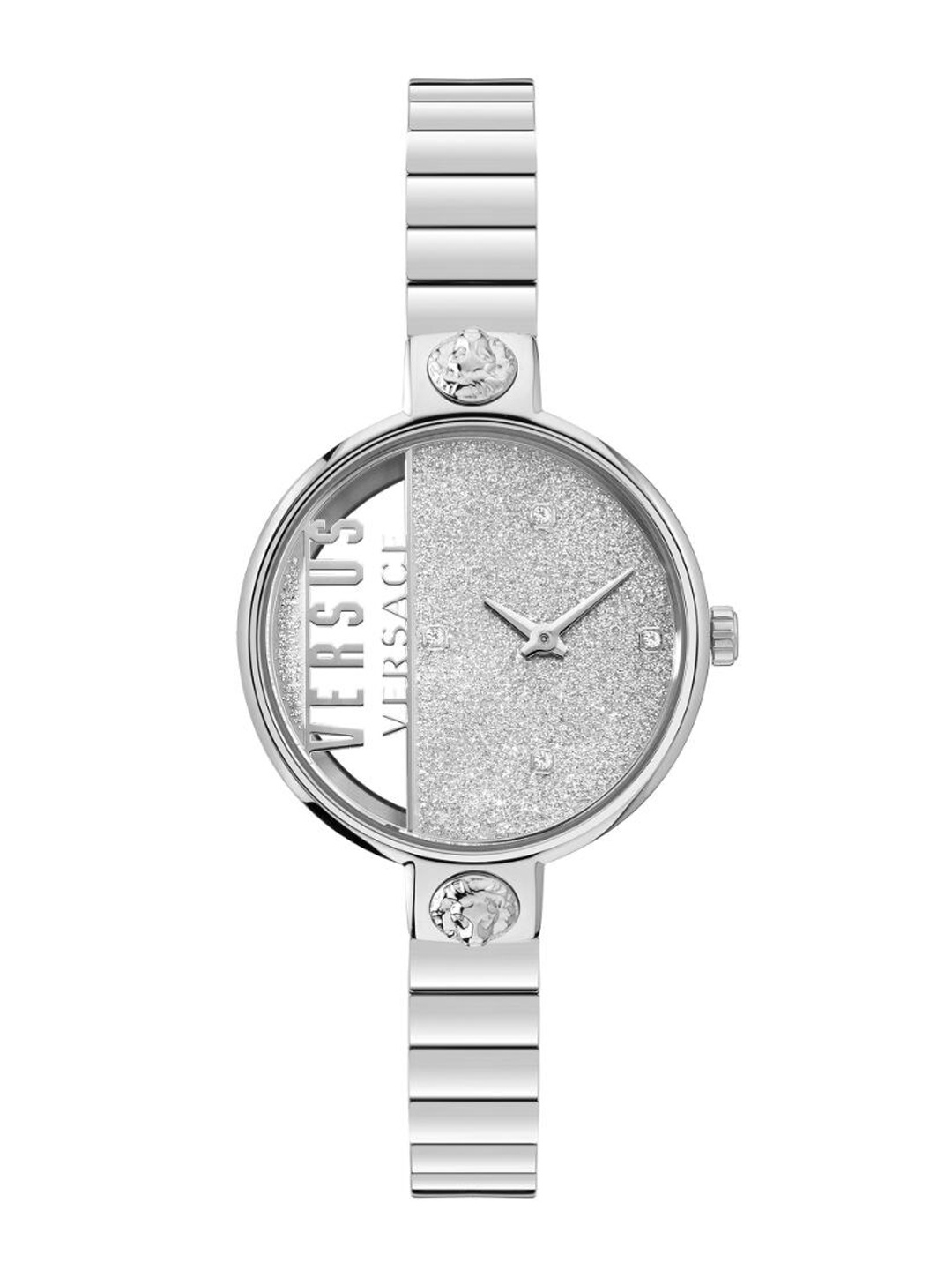 

Versus Women Silver-Toned Brass Embellished Dial & Silver Toned Stainless Steel Bracelet Style Straps Watch