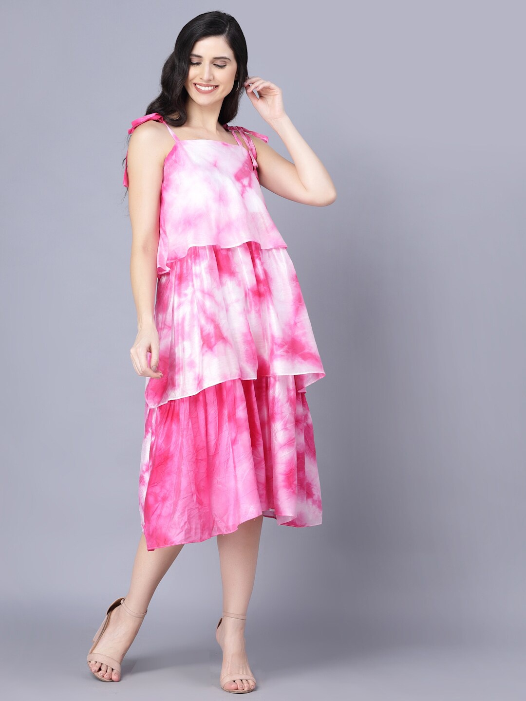 

Myshka Women White Tie and Dye Dyed Layered A-Line Midi Dress