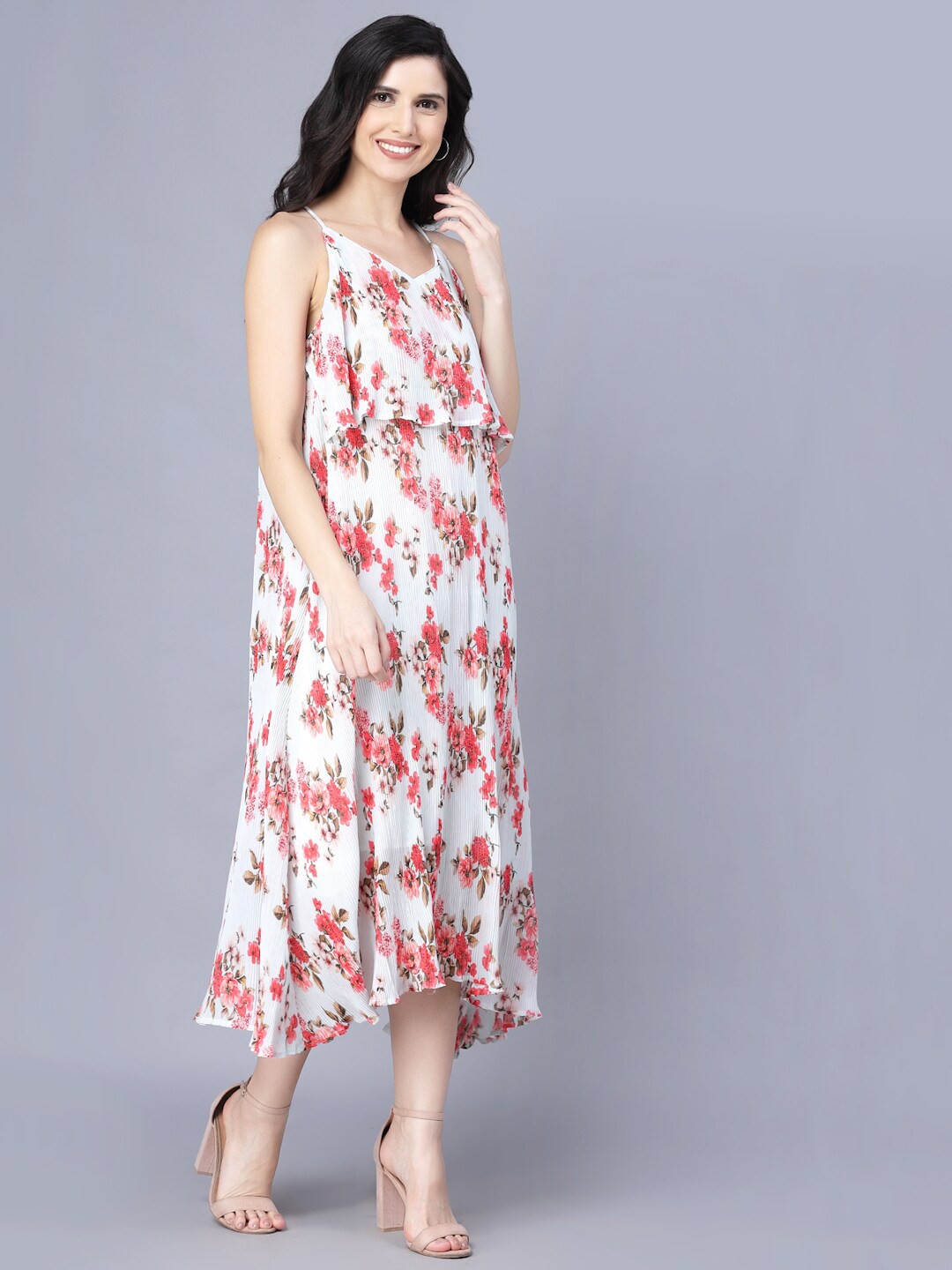 

Myshka White & Red Floral Layered Midi Dress