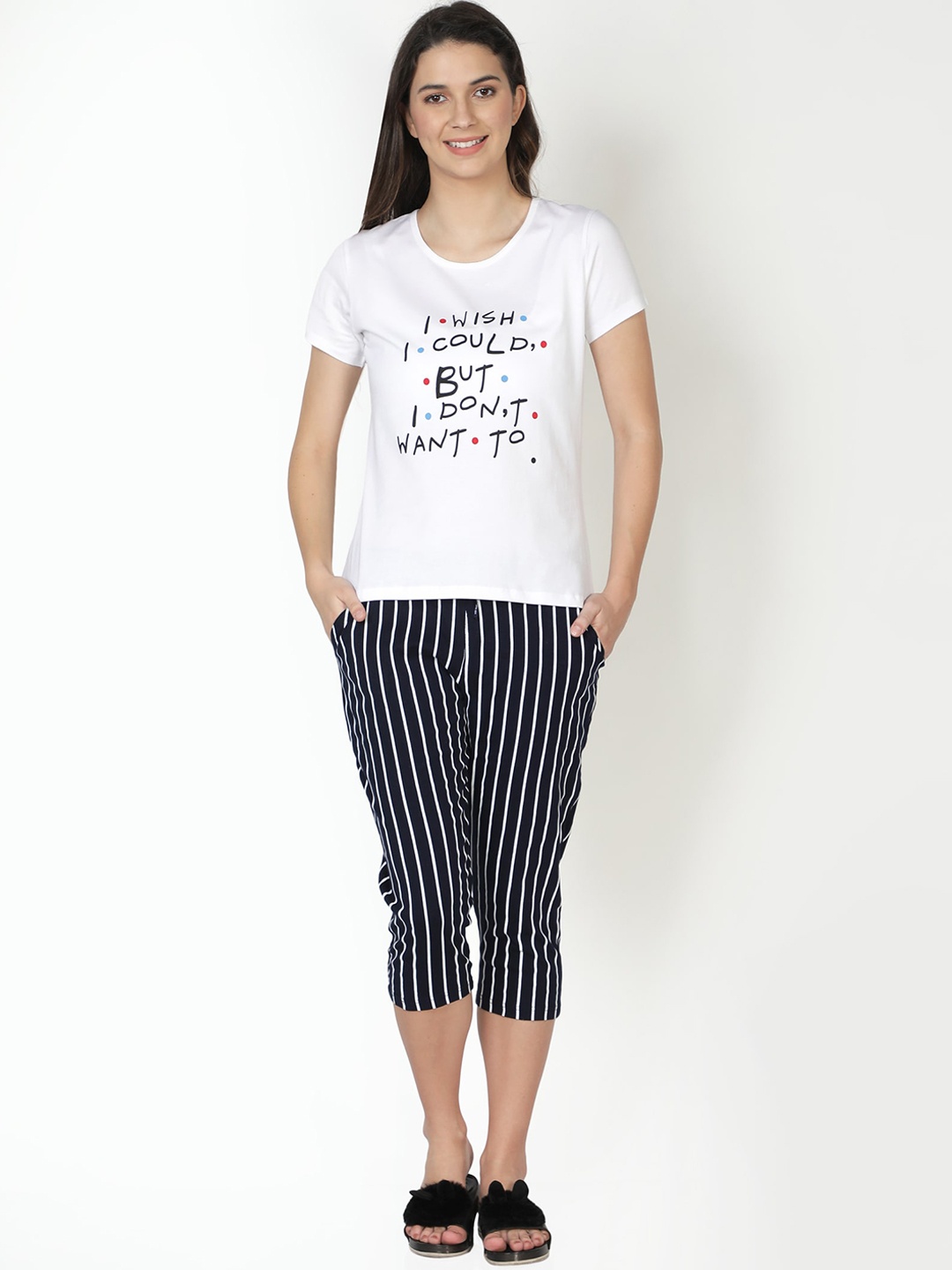 

CLUB A9 Women White Typography Print Top & Navy Blue Striped Capri Night suit