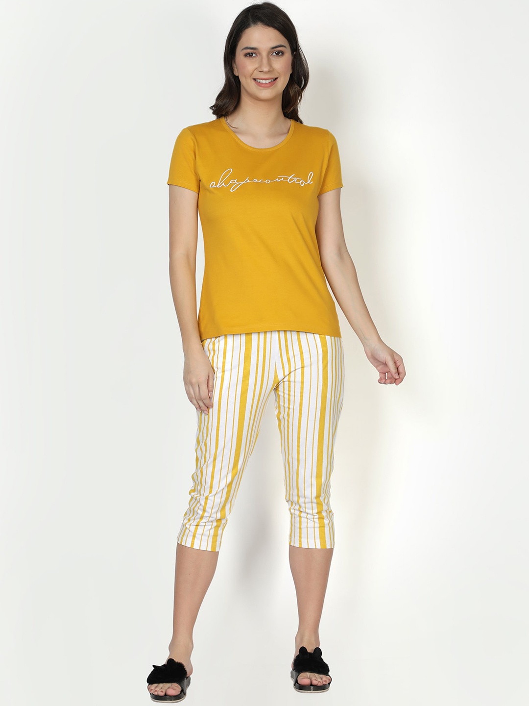 

CLUB A9 Women Mustard Top And Striped Capri Night suit