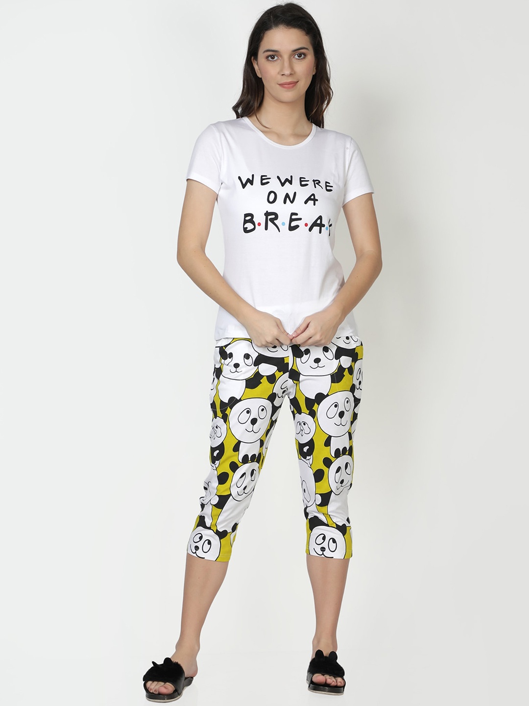 

CLUB A9 Women White & Yellow Cotton Printed Night suit