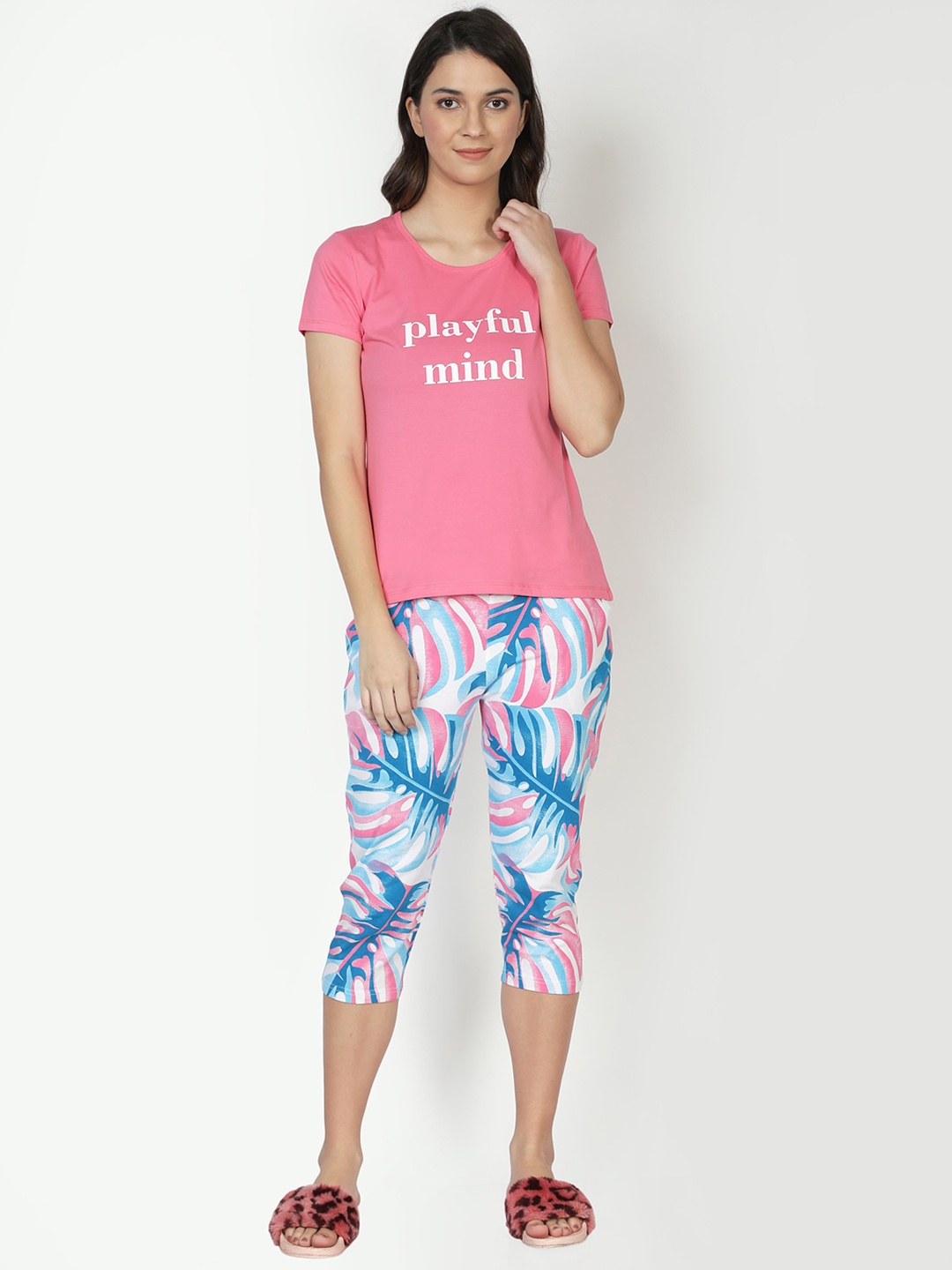 

CLUB A9 Women Pink & White Printed Pure Cotton Night suit
