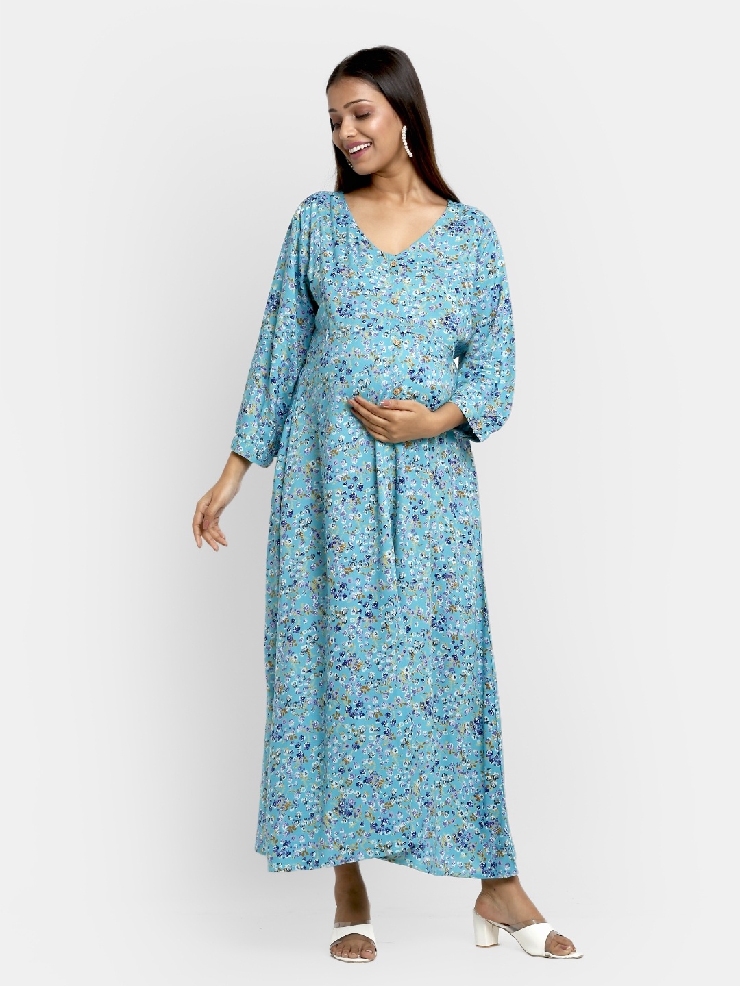 

Mylo Floral Printed Maternity A-Line Dress with Zipper, Green