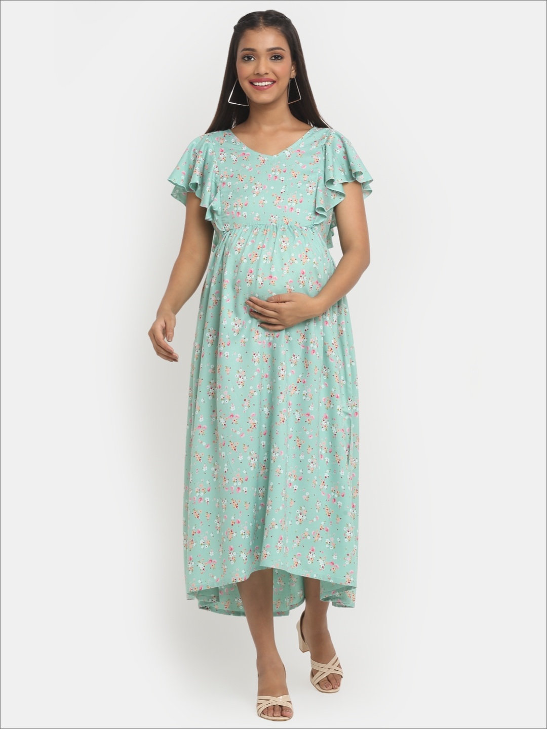 

Mylo Floral Maternity A-Line Midi Dress with Zipper, Green