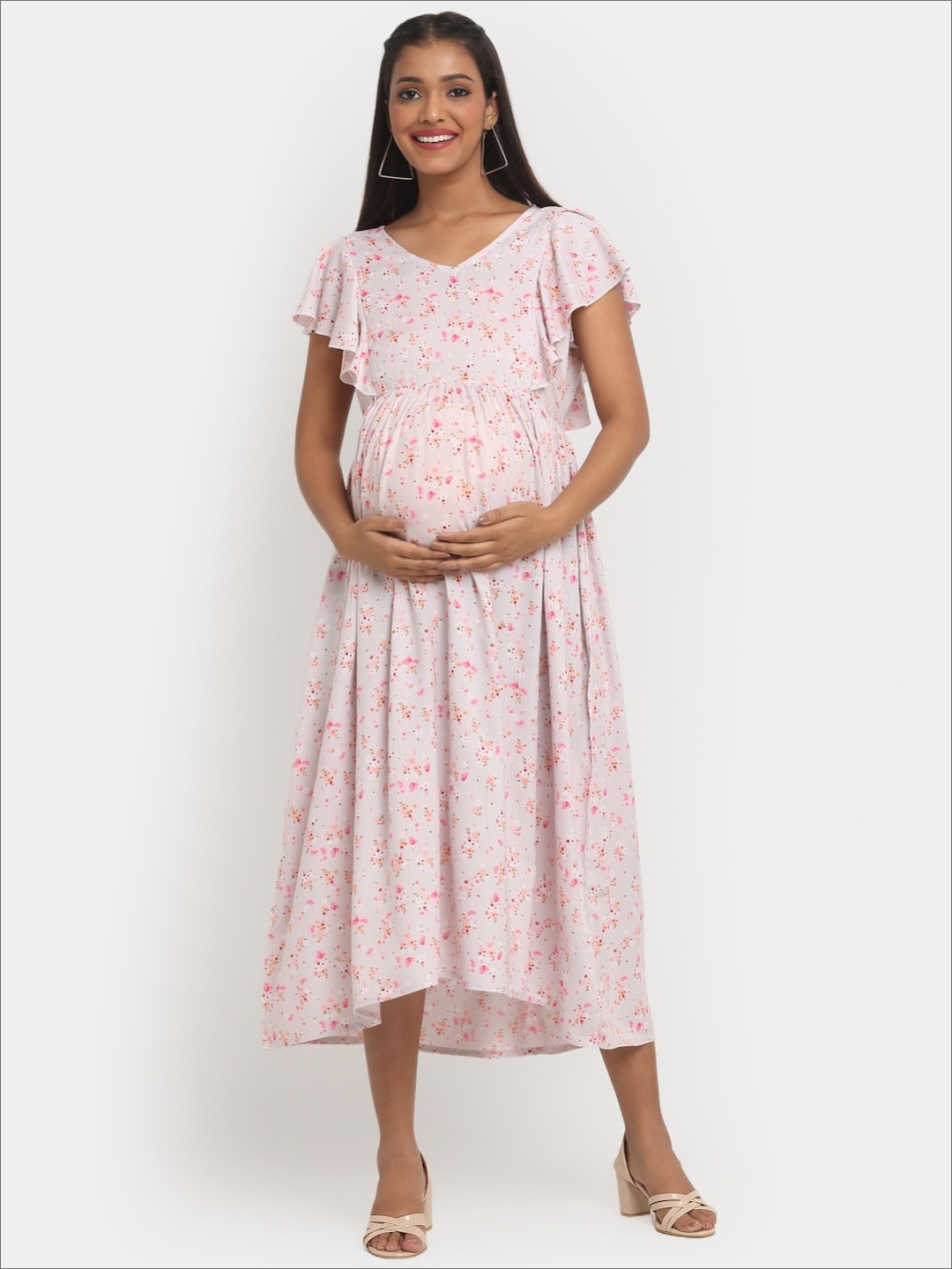 

Mylo Floral Maternity A-Line Midi Dress with Zipper, Grey
