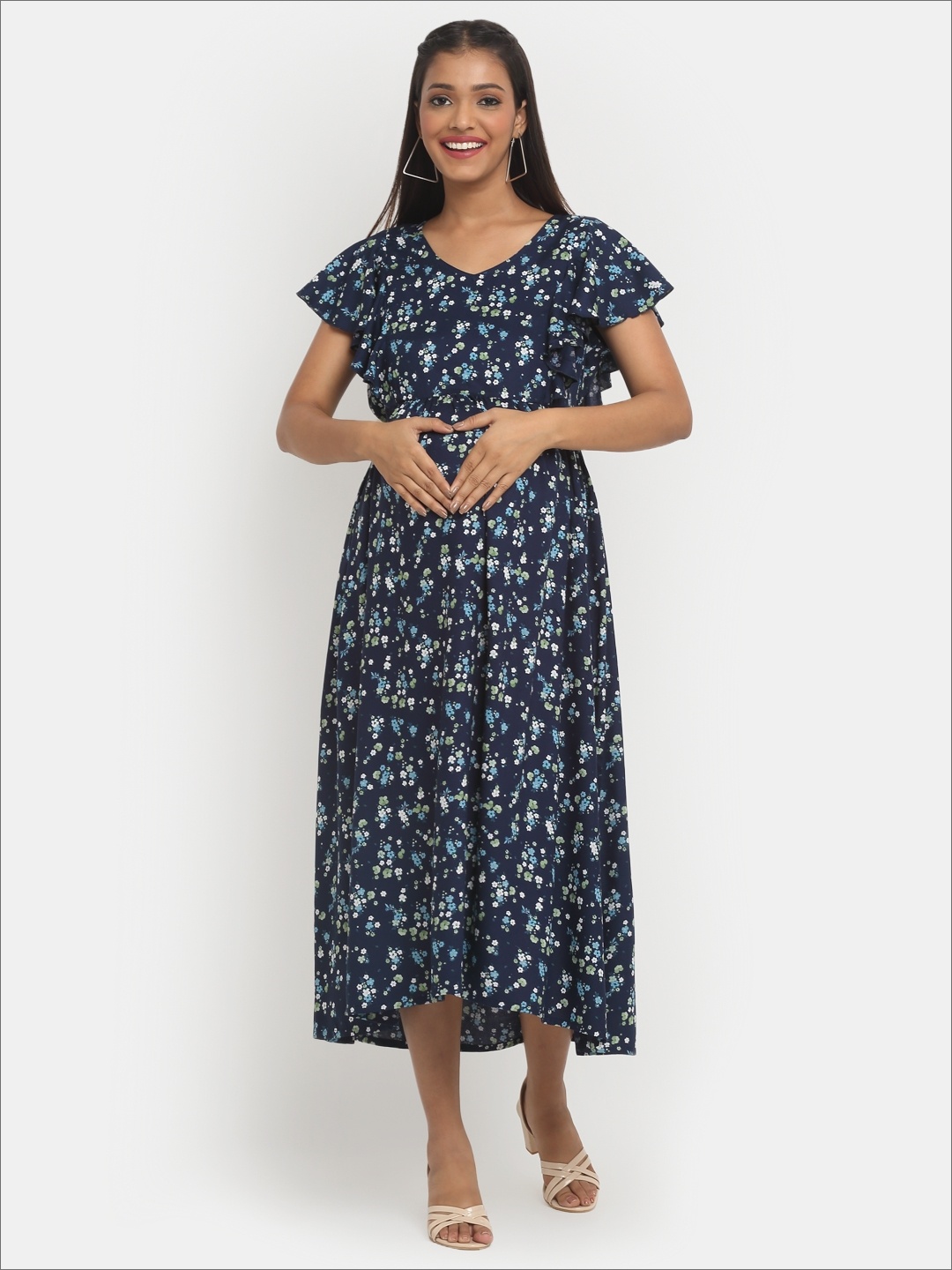 

Mylo Floral Maternity A-Line Midi Dress with Zipper, Navy blue