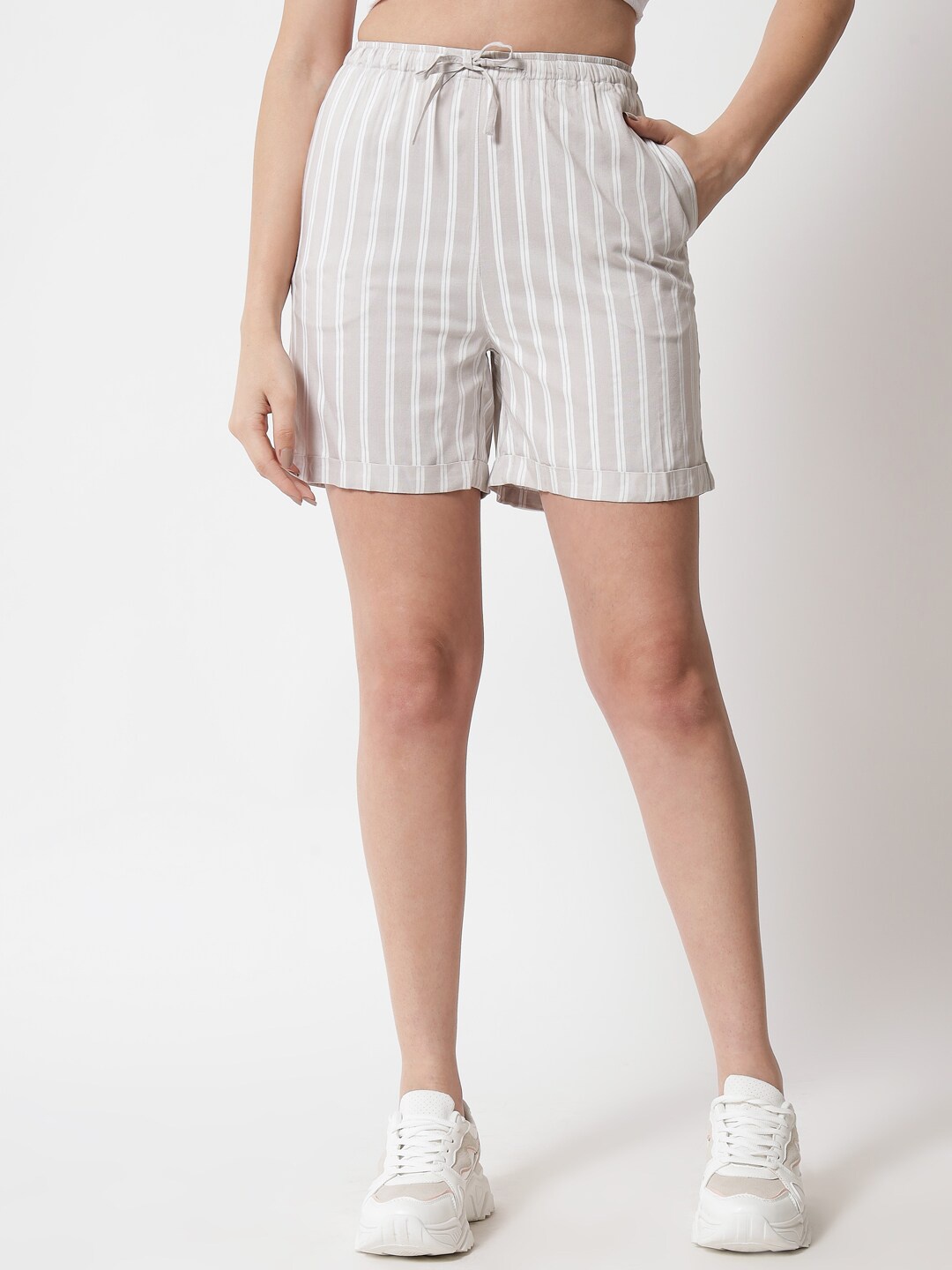 

CHARMGAL Women Grey Striped Outdoor Shorts