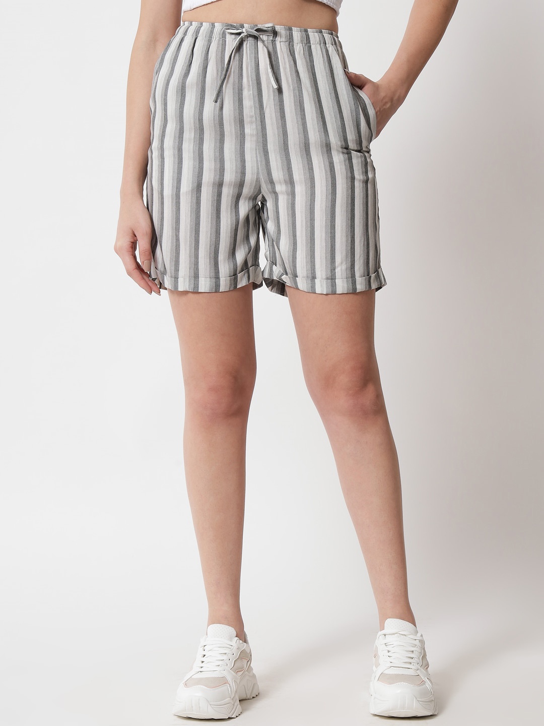 

CHARMGAL Women Black Striped Viscose Outdoor Shorts