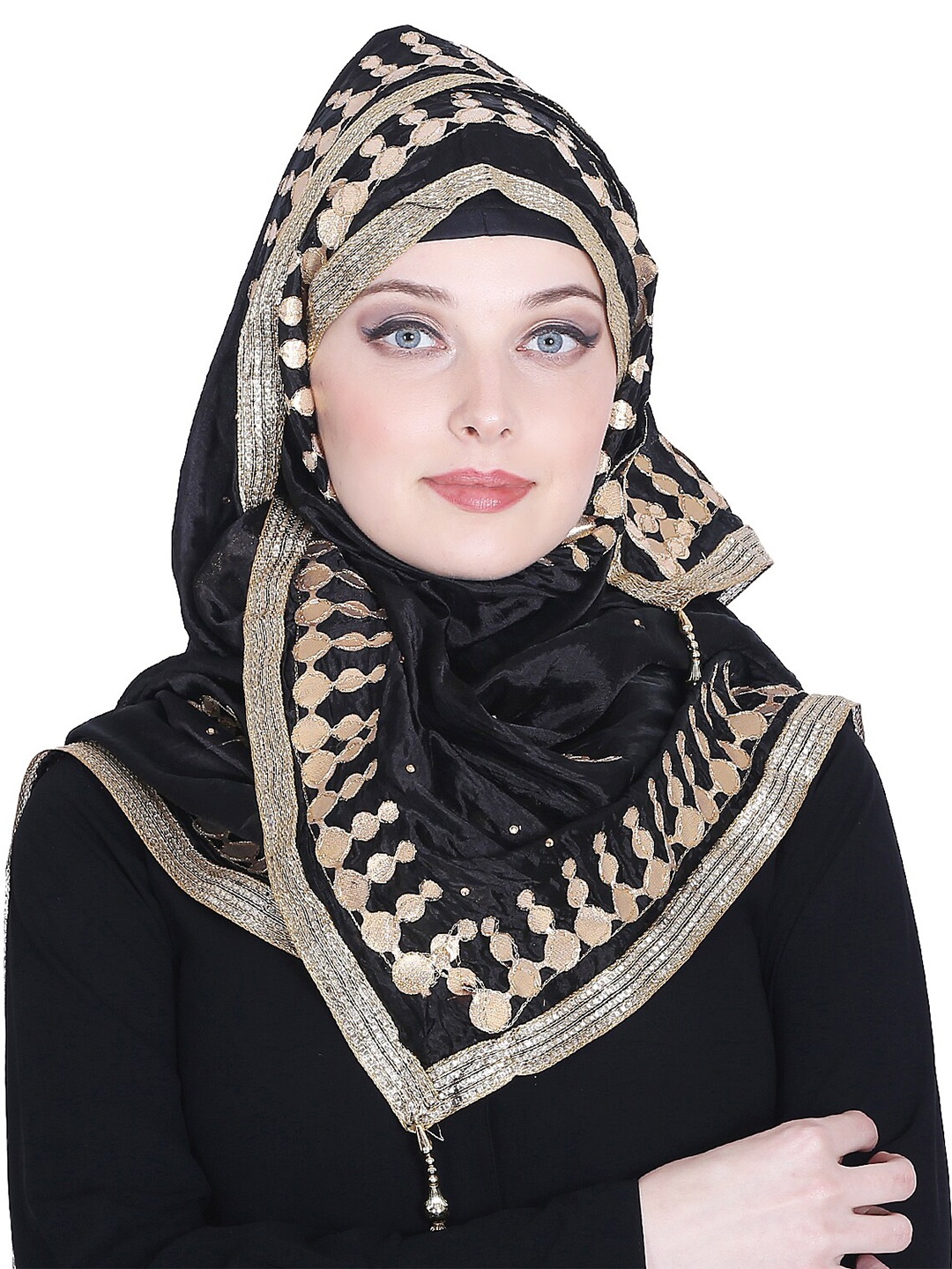 

MOMIN LIBAS Women Black & Gold-Toned Embroidered Scarf