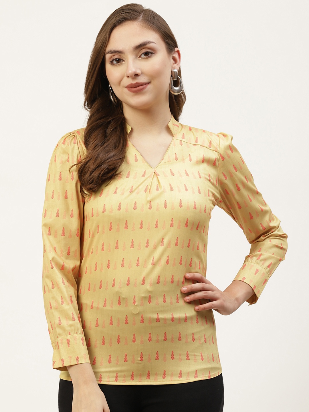 

BOOI Yellow & Red Print Mandarin Collar Crepe Top