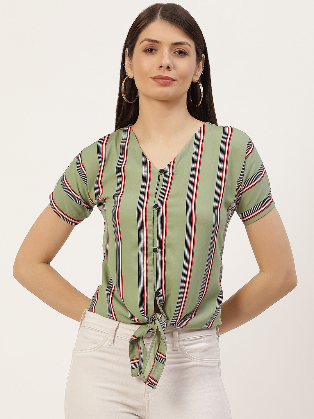 

BOOI Olive Green & Red Striped Top