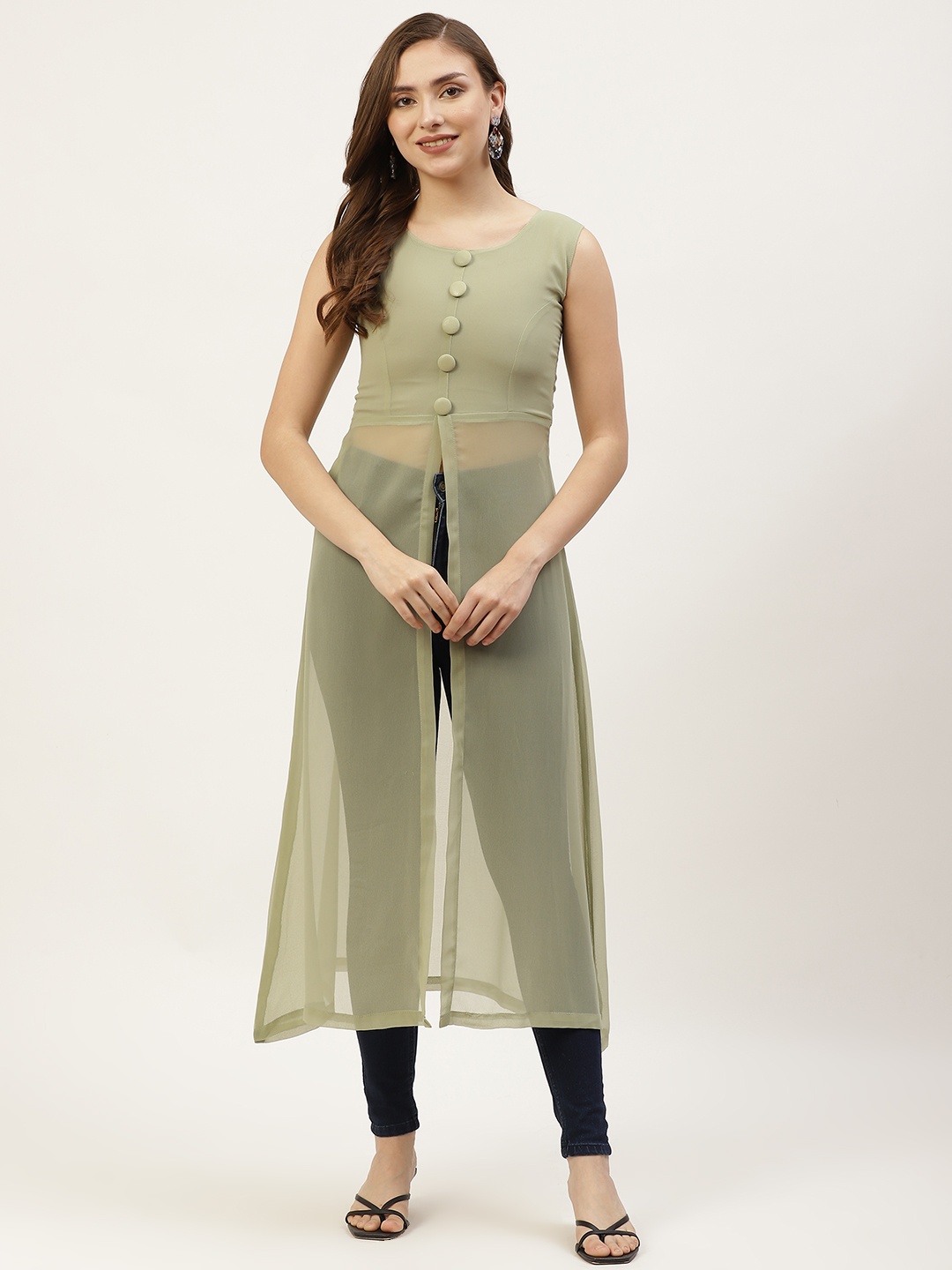 

BOOI Olive Green Georgette Longline Top