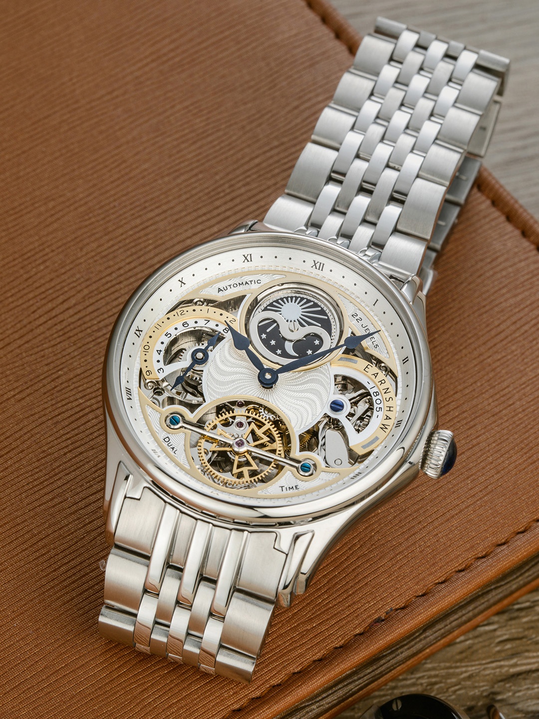 

EARNSHAW Nasmyth MoonPhase Dual Time Automatic Skeleton 22 Jewels Dial Watch - ES-8259-11, White