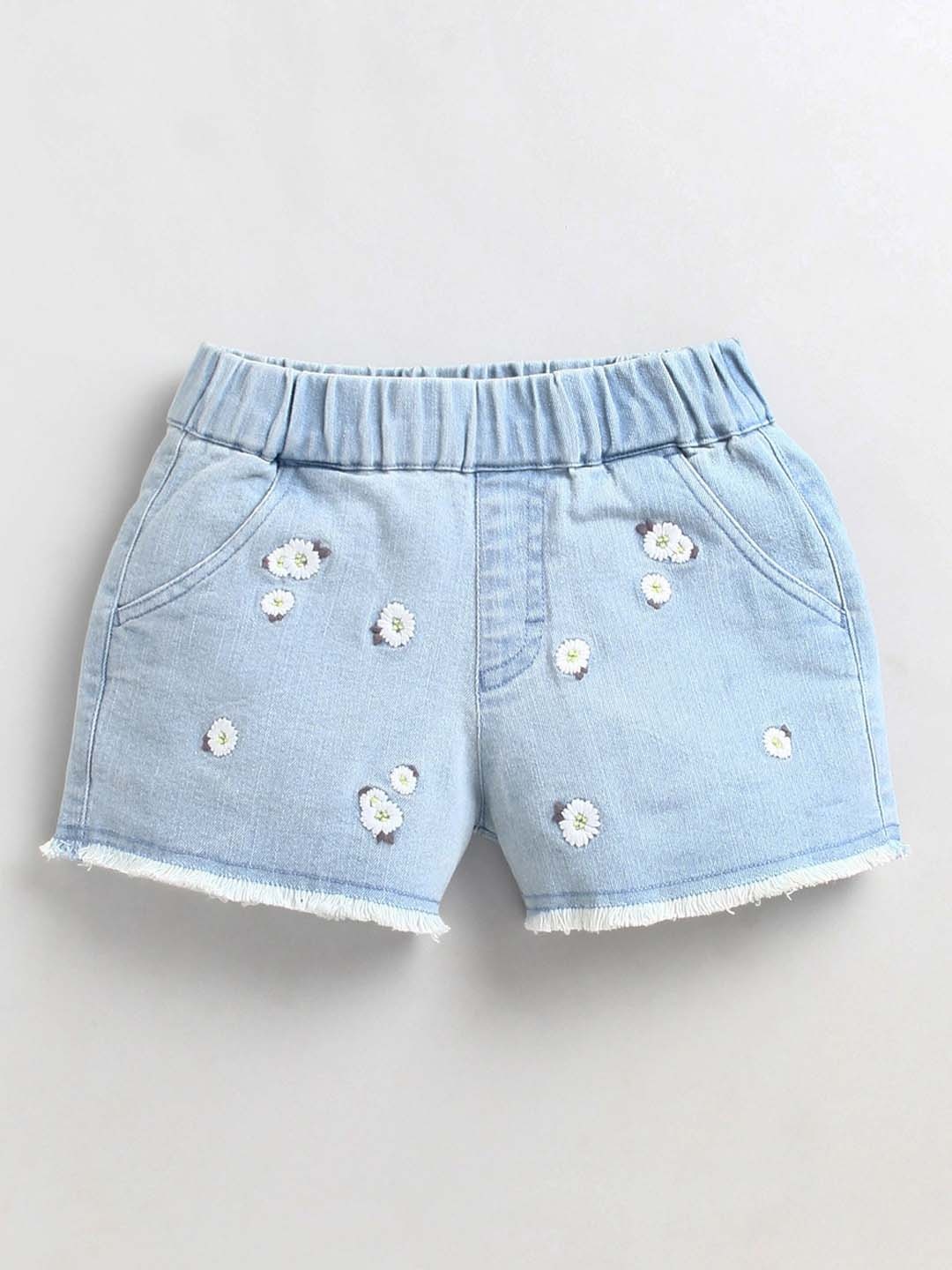 

Cherry Crumble Girls Blue Floral Embellished Denim Shorts