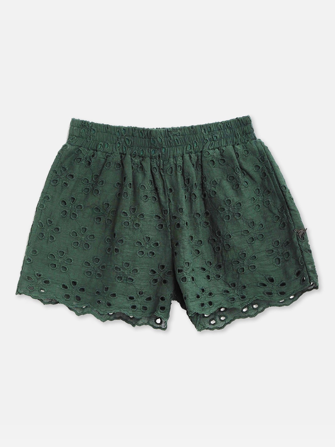 

Cherry Crumble Kids-Girls Green Cotton Blend Schiffli Embroidery Shorts
