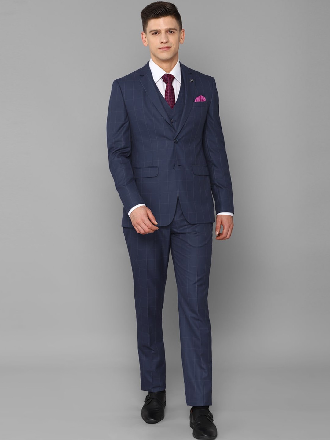 

Allen Solly Men Navy Blue Checked Single-Breasted Slim-Fit 3-Piece Formal Suit