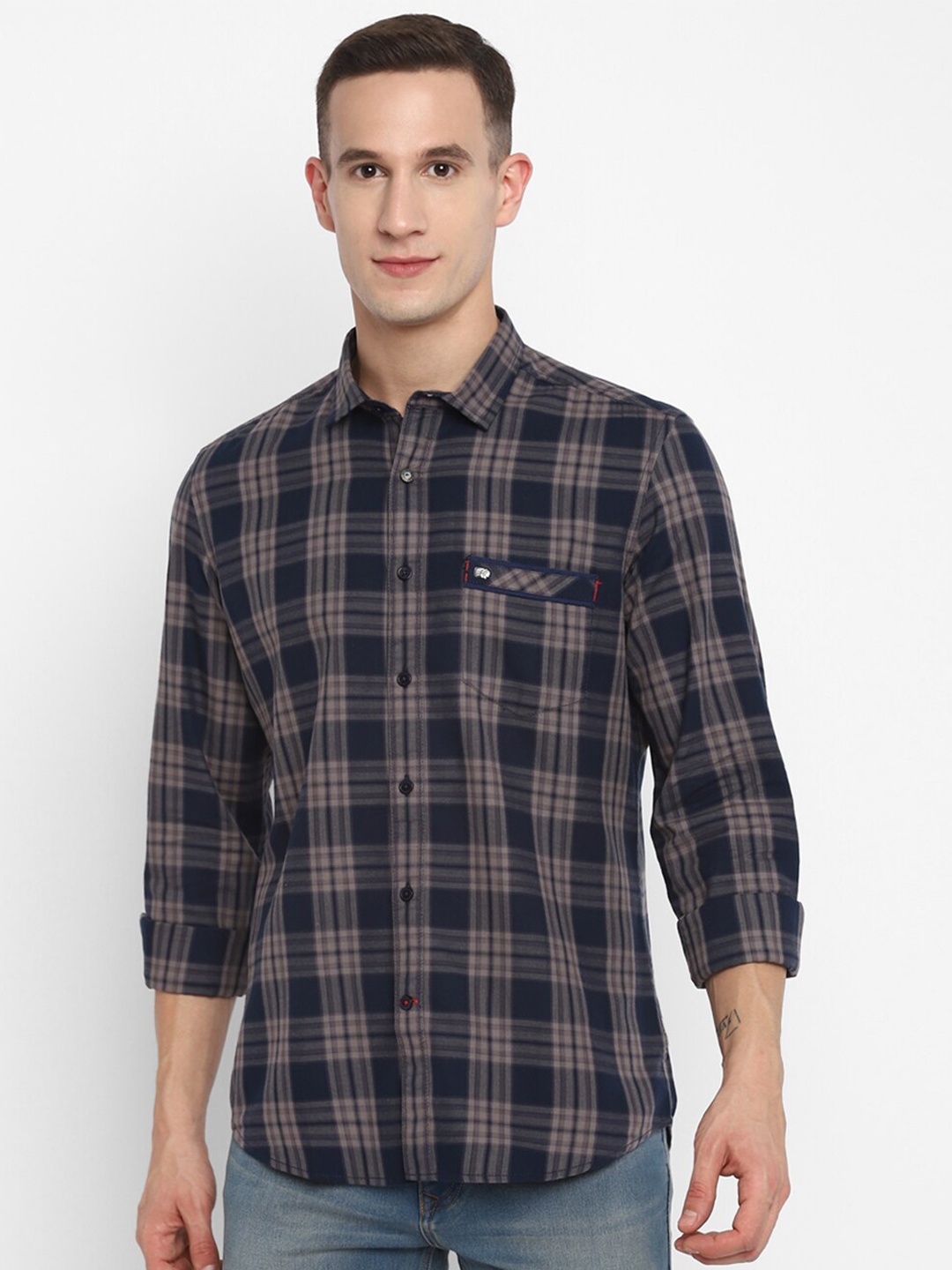 

Red Chief Men Navy Blue Slim Fit Tartan Checks Checked Casual Shirt