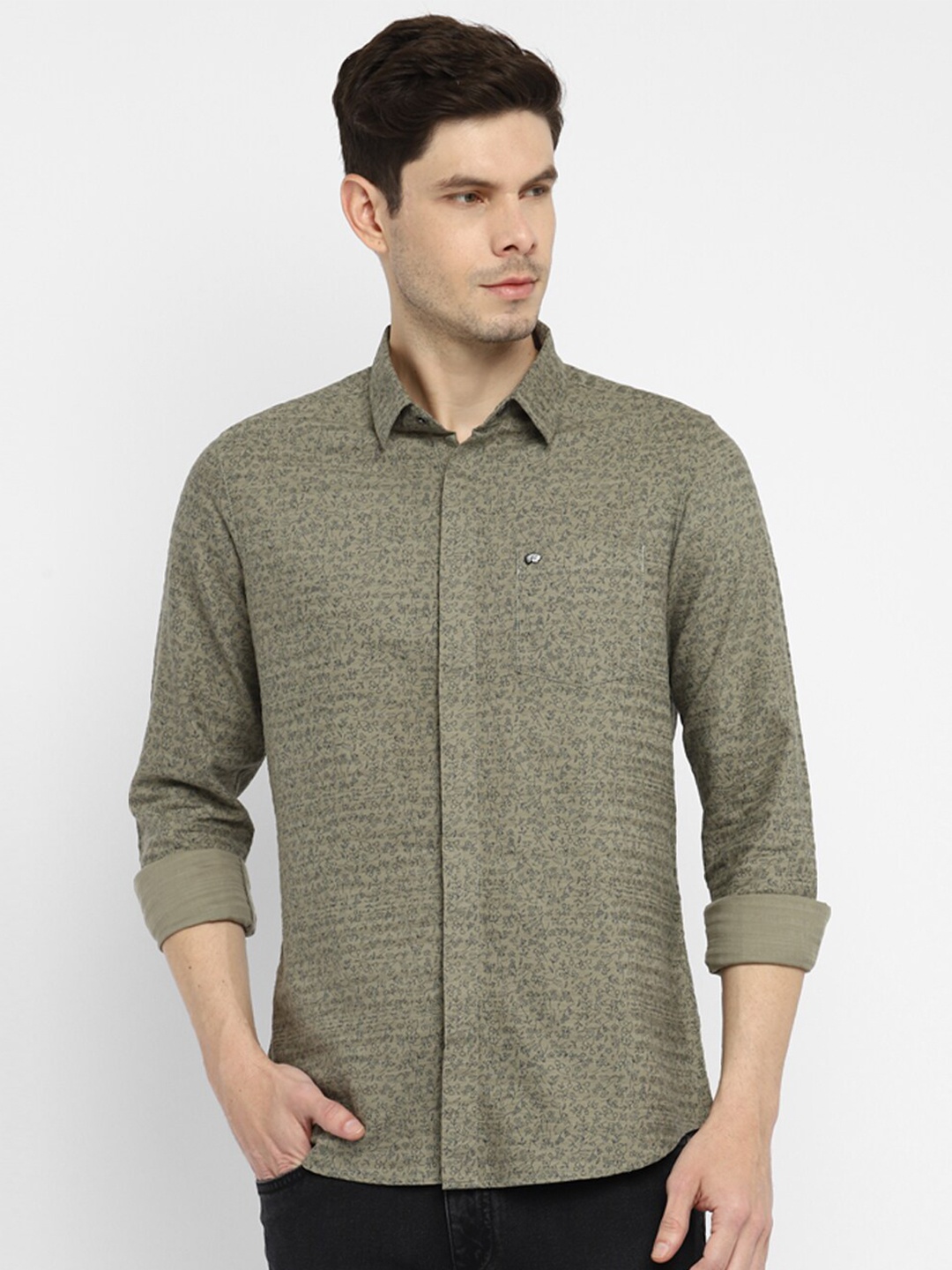 

Red Chief Men Olive Green Slim Fit Floral Printed Cotton Casual Shirt